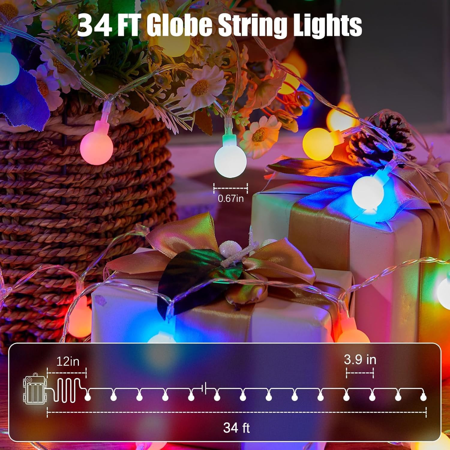Fairy Lights Battery Operated, 34Ft 100 Led Lights, Globe String Lights, Waterproof 8 Modes with Remote Mini Lights for Indoor Outdoor Bedroom Party Wedding Garden Christmas Tree Decor, Colorful