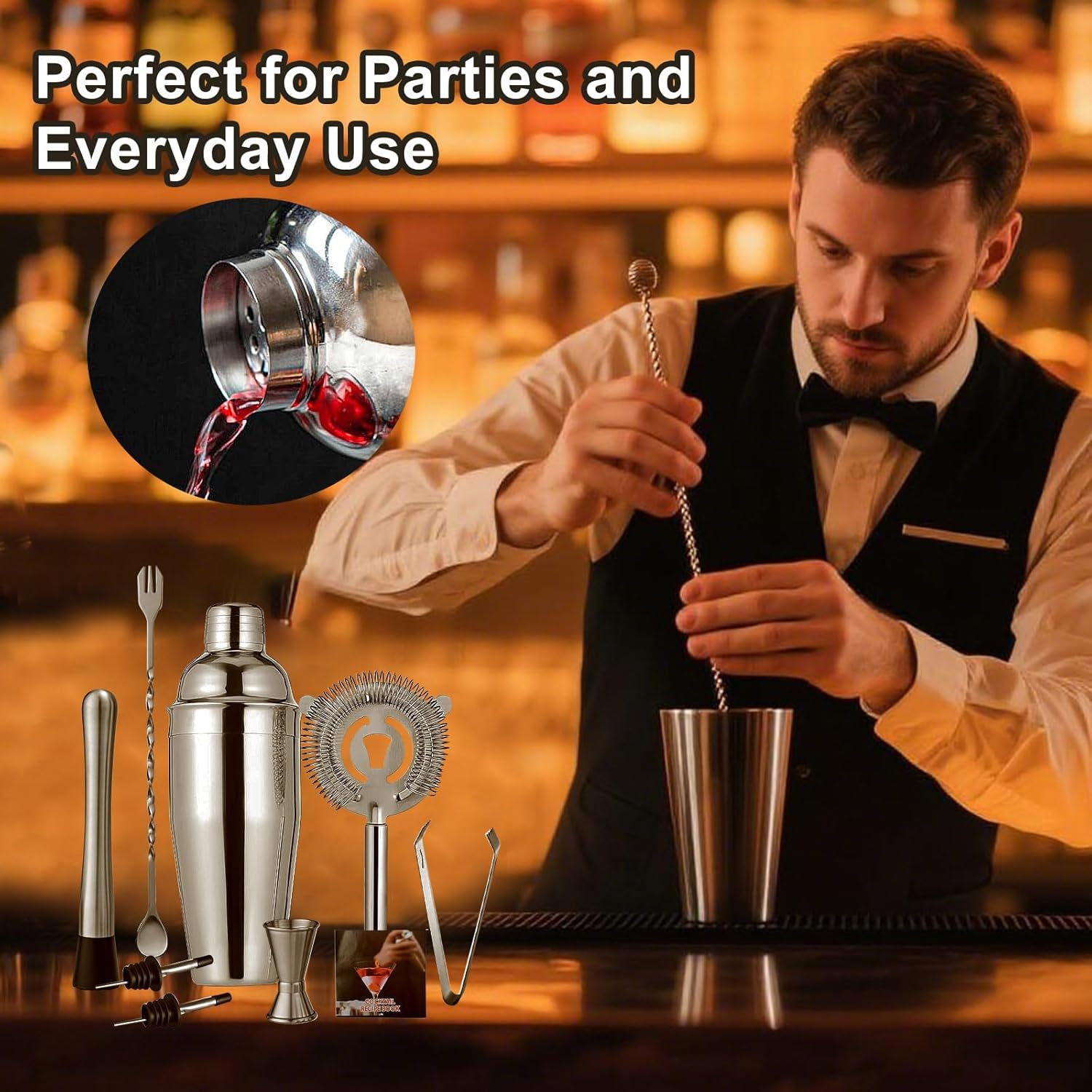 Cocktail Shaker Set Bartender Kit, Bar Tools Set with Martini Shaker (750Ml), Muddler, Strainer, Jigger, Spoon & Recipe Book, Bartending Kit Drink Mixers for Home Bar, Parties and Gifts (9 Pcs) image number 6