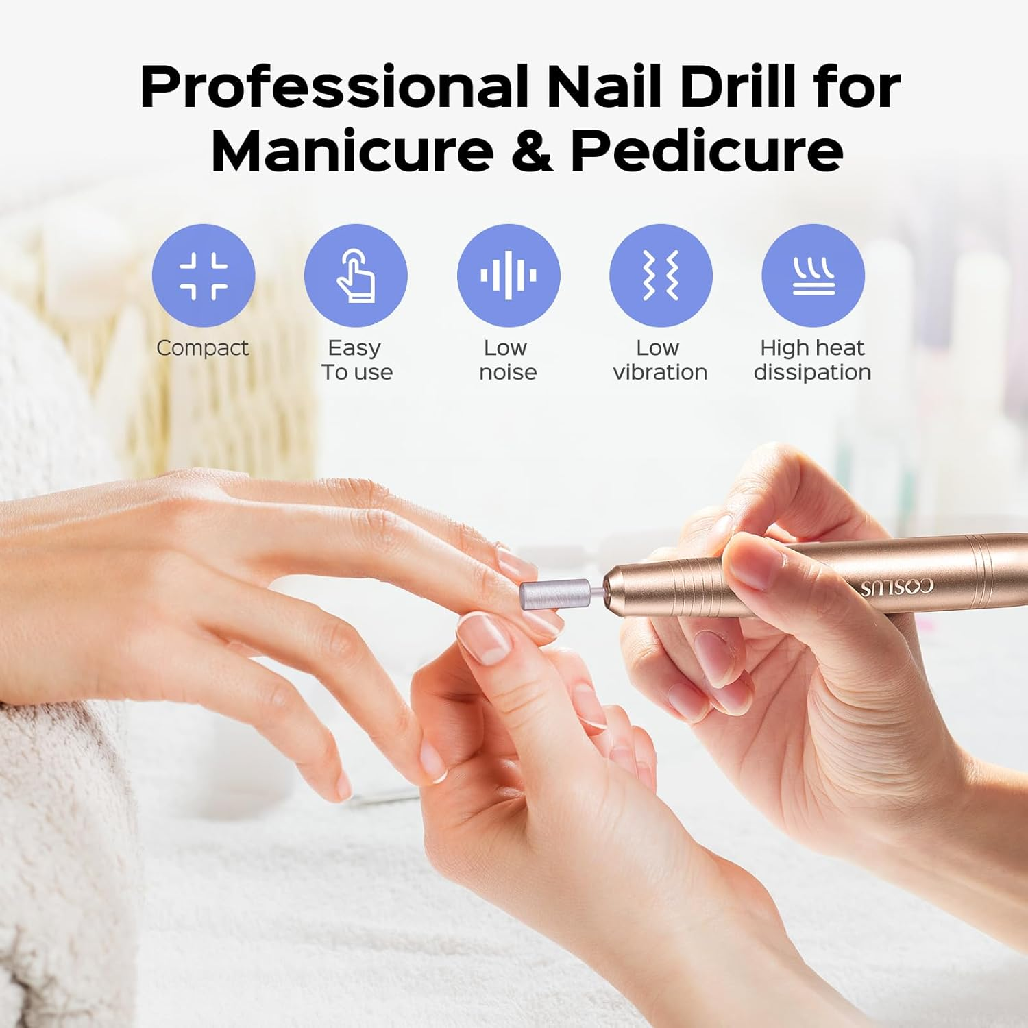 Electric Nail Drill Portable Professional: COSLUS Rechargeable Nail File for Acrylic Gel Dip Nails, Manicure and Pedicure Polishing Set, Nail Drill Bits, Sanding Bands, Suitable for Home Salon Gold image number 4