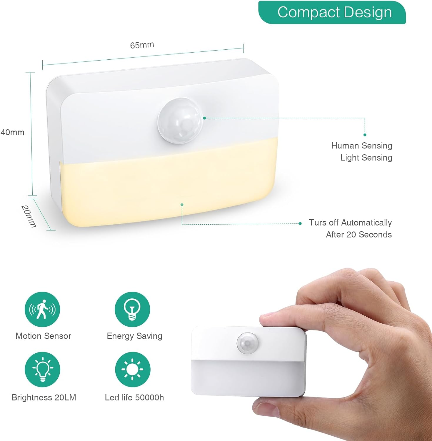 ORIA Motion Sensor Light, LED Night Light, Stick-On Night Light, Battery Powered Closet Light Stair Light, Auto On/Off, for Bedroom, Bathroom, Kitchen, Stairs, Hallway, Cupboard, Cabinet -Yellow +2Pcs image number 3