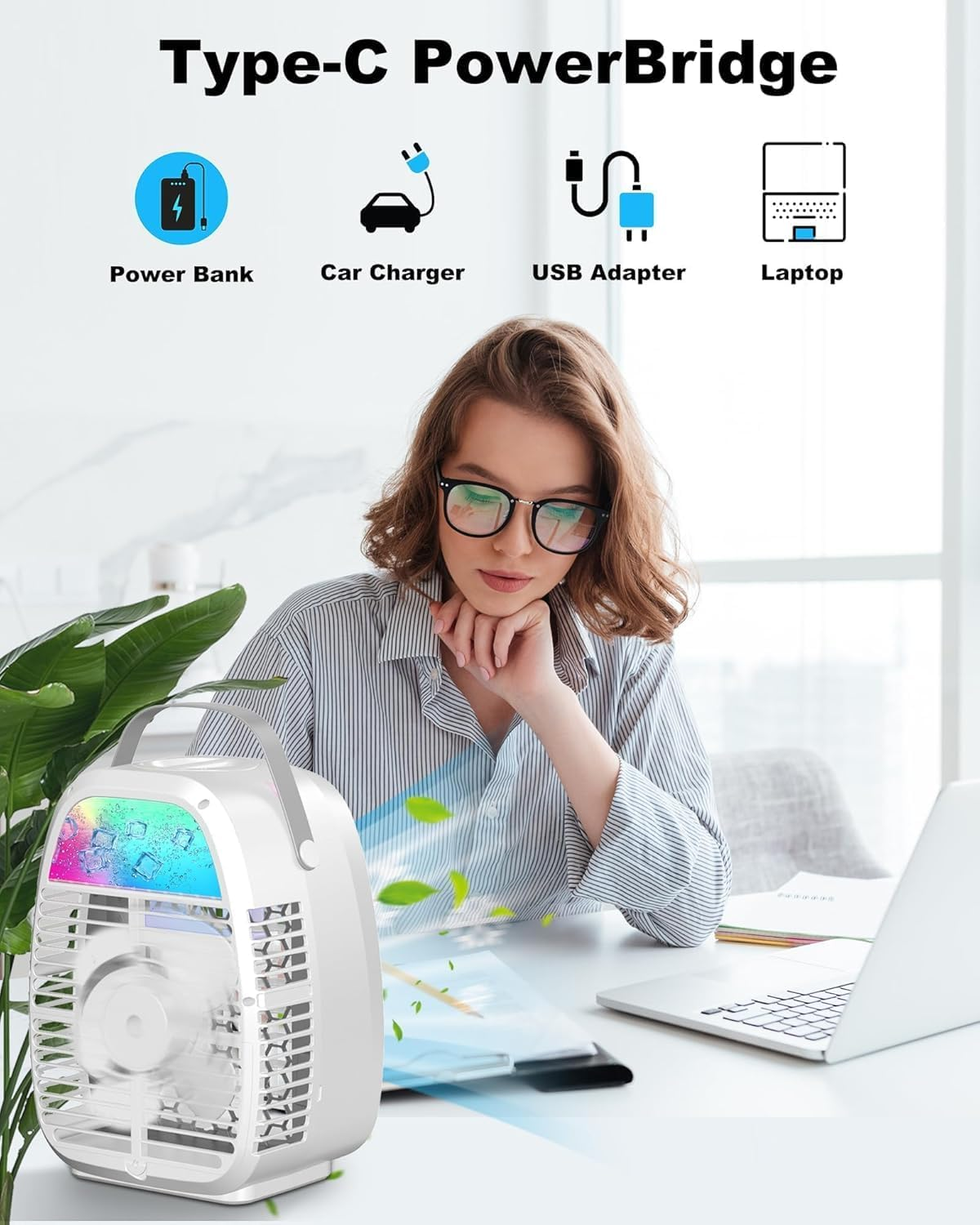 Portable Air Conditioner Fan, 3 Speeds & 2 Mist Modes Quiet & Powerful Air Conditioner Portable 1100Ml Water Tank for Room Home Office Indoor Use, USB Powered Mini Evaporative Air Cooler with Remote image number 3