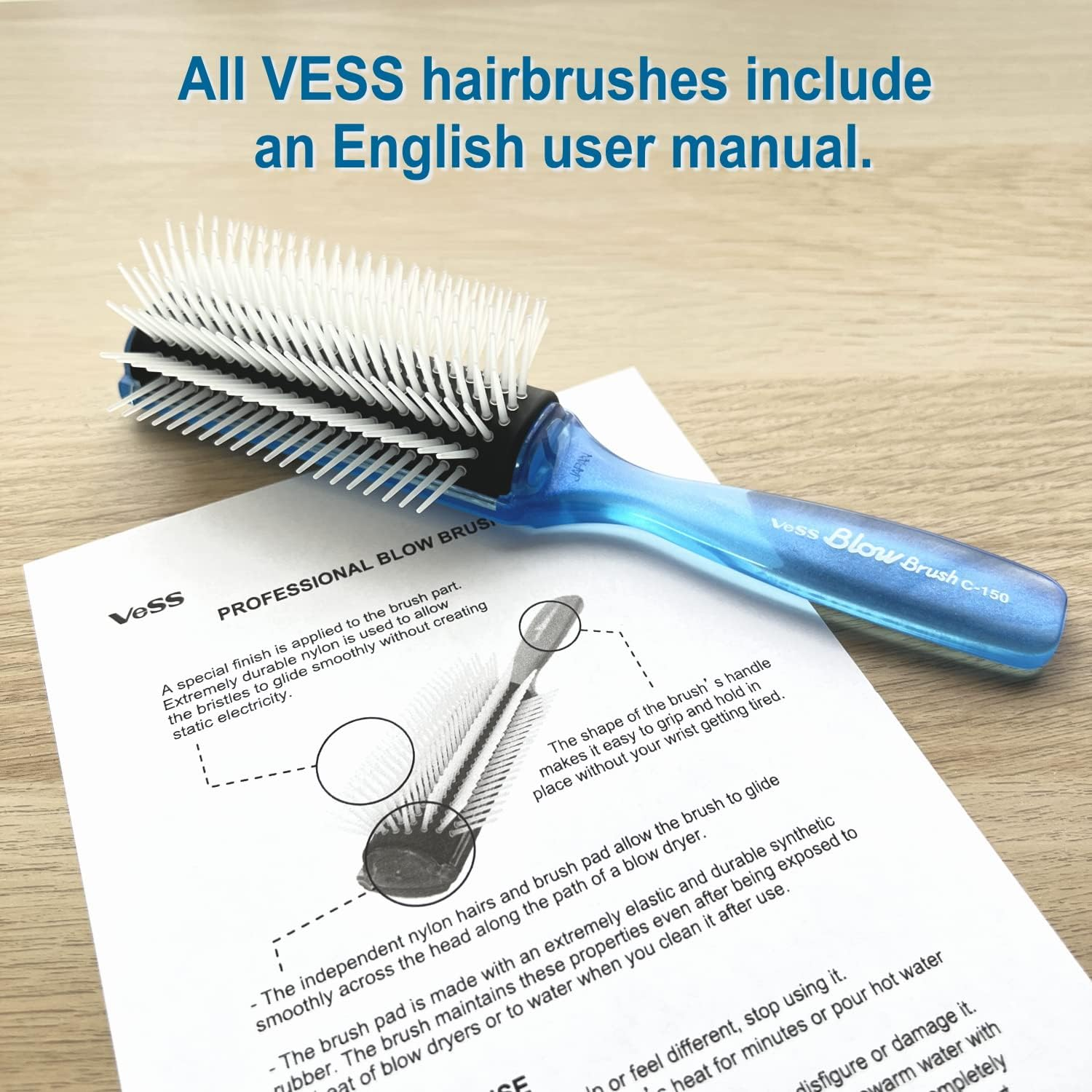VESS Blow and Styling Hair Brush, Wide 9 Row round Type- Light Weight -Made in Japan-C-150 (Flash Blue) image number 4