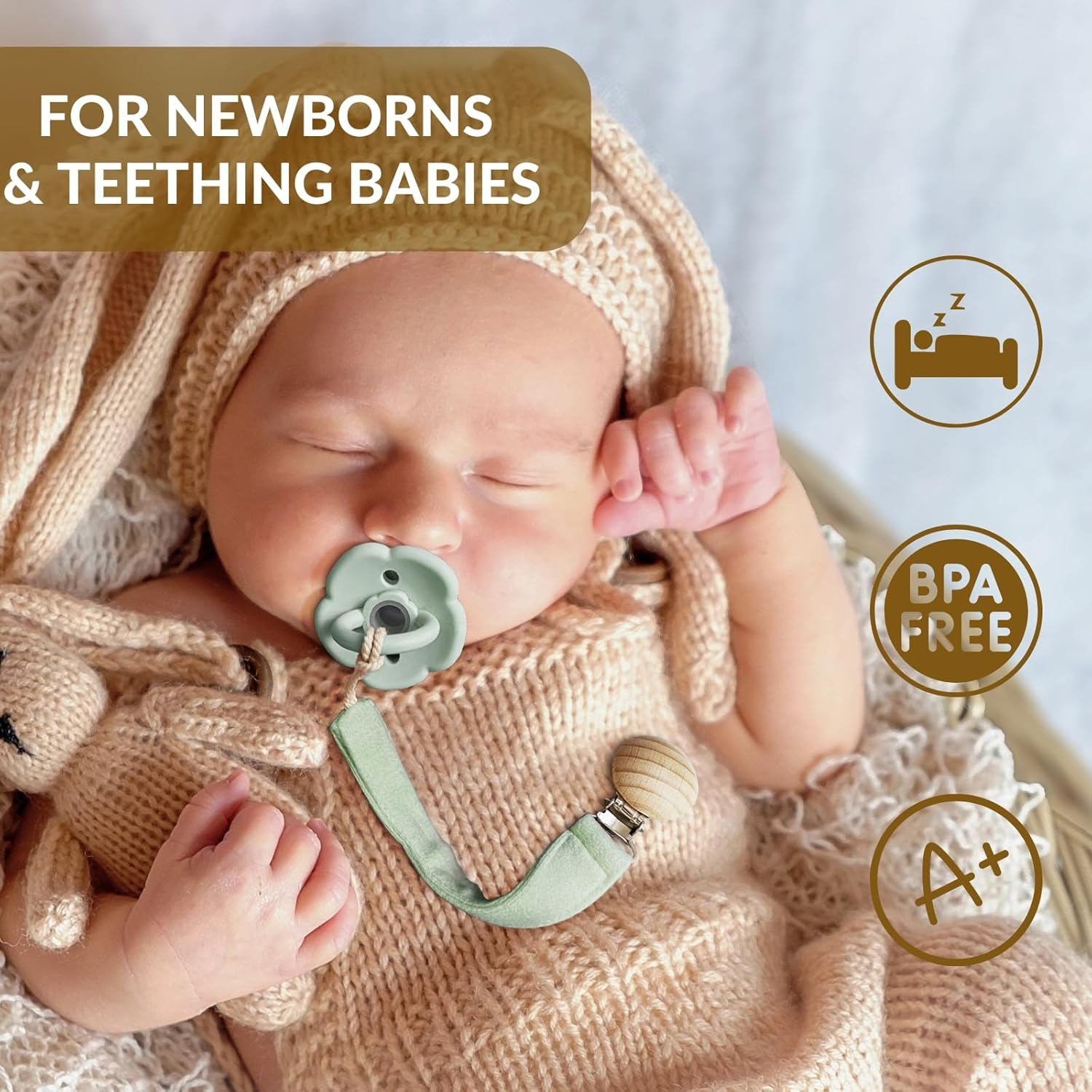 Dummy Clip, 2 Pack Fabric Pacifier Clips, Super Soft Fabric Strap with Wooden Clip, Pacifier Clip Newborn Essentials (Cream/Sage) - Pale Mauve/Blush image number 6