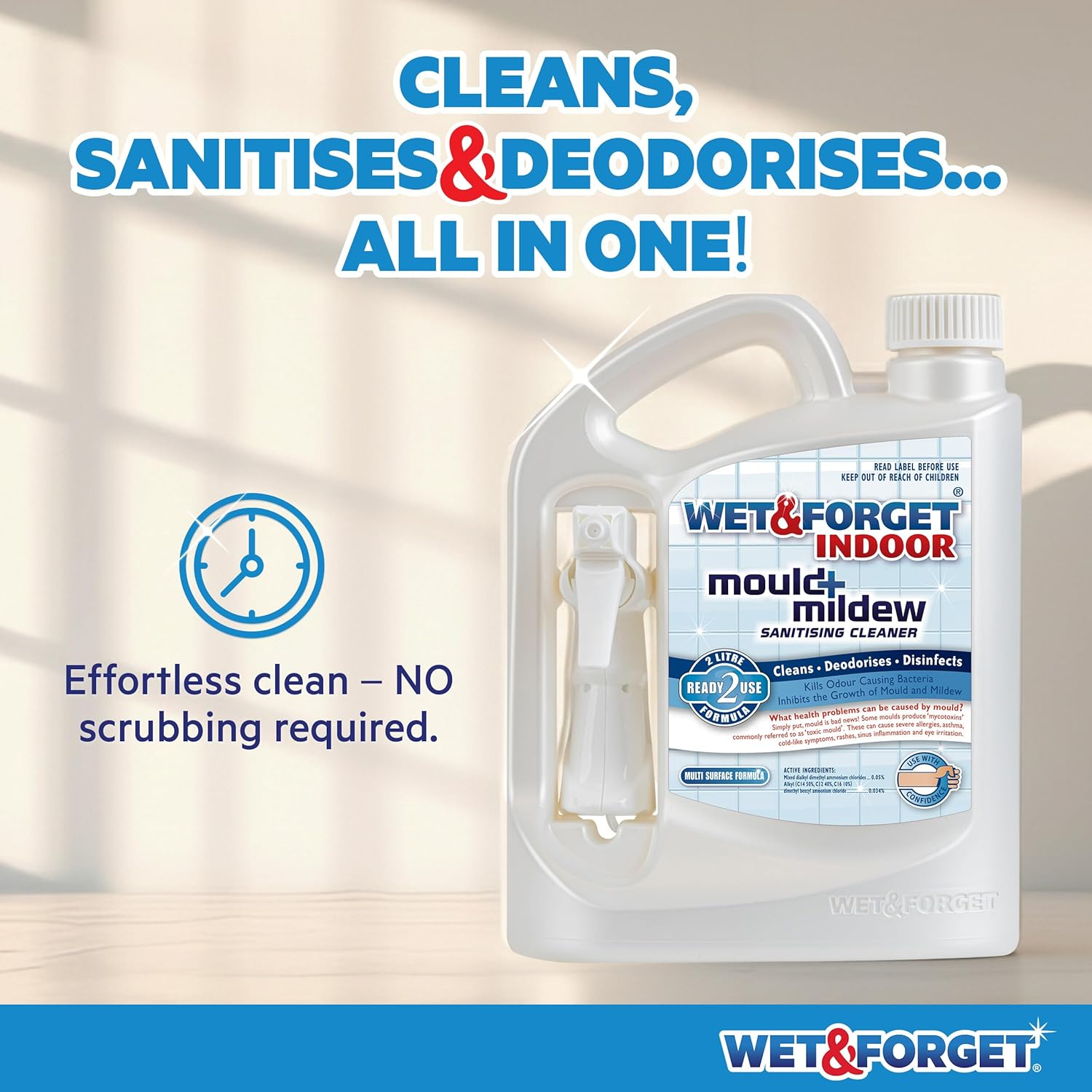 Wet & Forget Indoor Mould & Mildew Remover 2L &ndash; Bleach-Free Sanitiser Spray &ndash; Ready to Use Cleaner for Bathrooms, Walls, Tiles & Hard Surfaces &ndash; Deodorises & Freshens Home image number 4