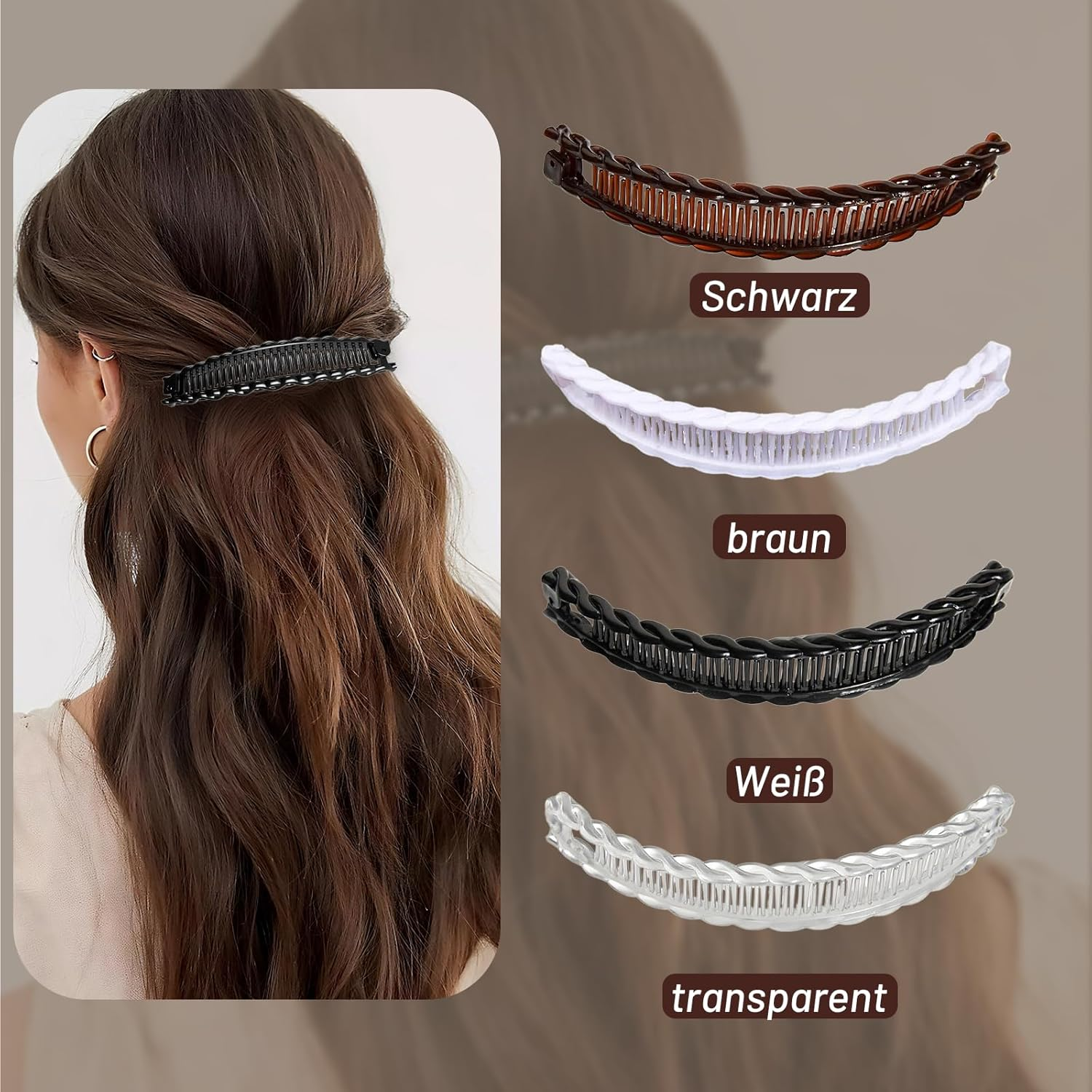 Set of 4 Banana Hair Clips, Banana Hair Clips for Women, Banana Clip Hair for Long Hair, Banana Clip Hair with Stable Hold, Women'S Hair Clips, Black, Brown, White and Transparent