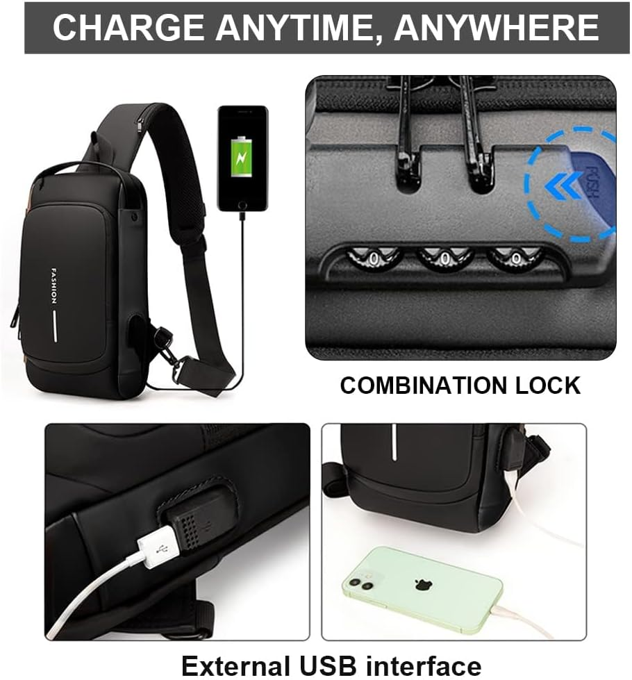 MAIABLEAU Men'S Crossbody Bag Chest Bags anti Theft Sling Bag PU Leather Shoulder Bag with USB Charging Port image number 6