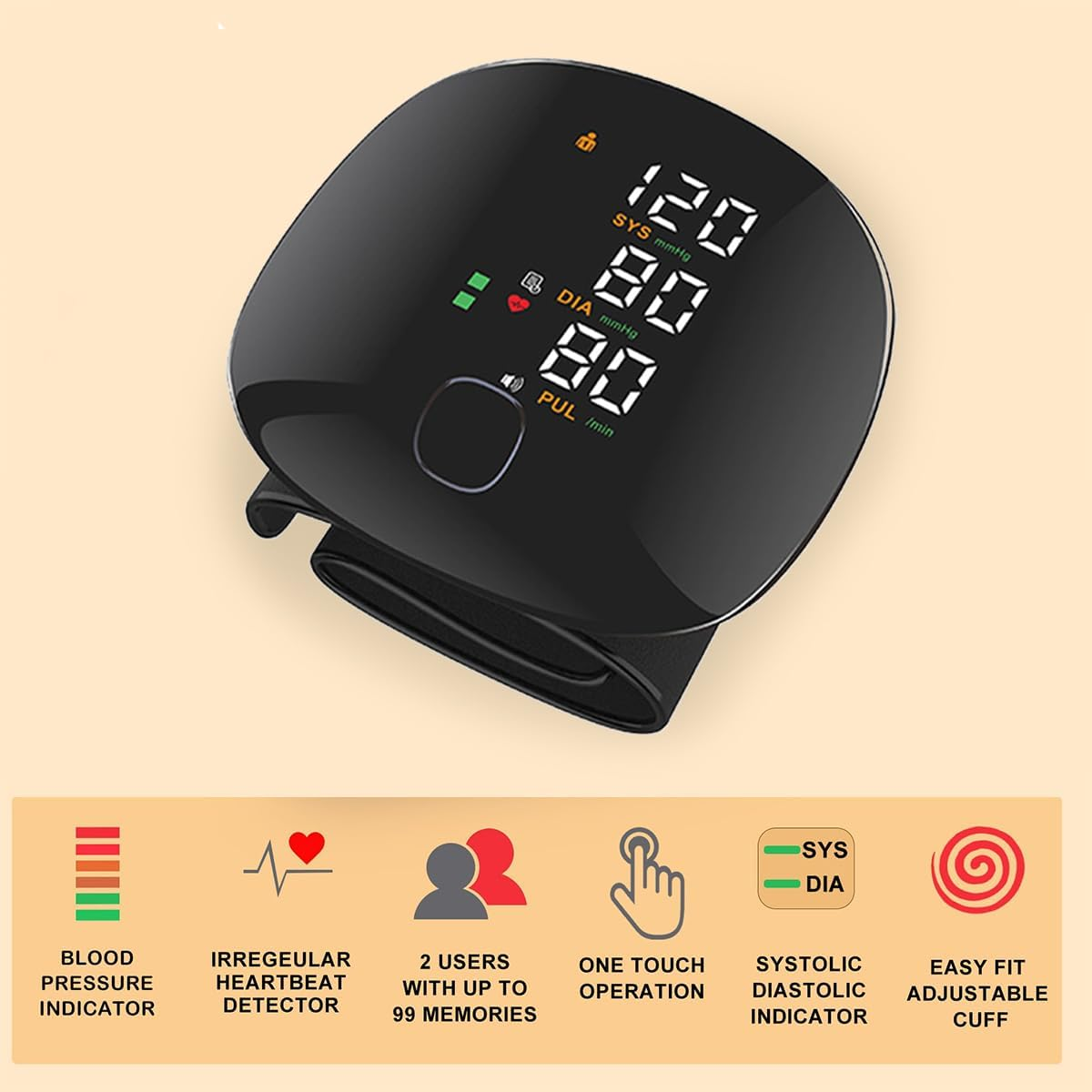 Wrist Blood Pressure Monitor LED Display, IGGDOQI Touch Screen Wrist Blood Pressure Cuff with Voice Broadcast & One Button Operation, 99X2 Reading Memory Wrist BP Monitor with Carrying Case (Black) image number 1