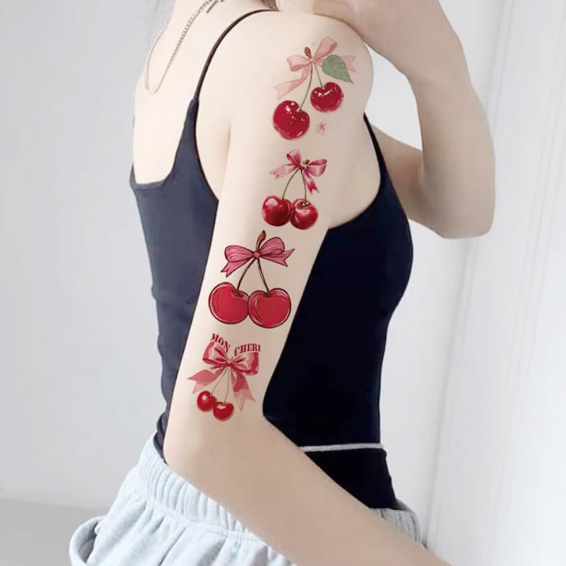 Buziba 12 Sheets Cherry Temporary Tattoos Stickers Funny Cherry Birthday Decorations Cute Red Cherries Fake Tattoo Gifts for Women Men Fruit Themed Party Favors Supplies image number 2
