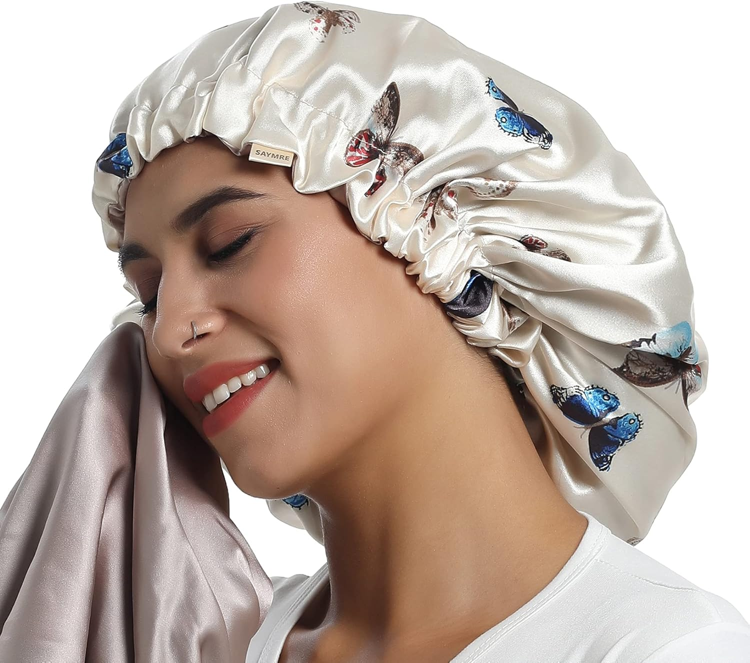 SAYMRE 100% Mulberry Silk Lined Bonnet Adjustable Satin Sleep Cap 19 Momme Silk Bonnet for Women Curly,Long Hair Care image number 2