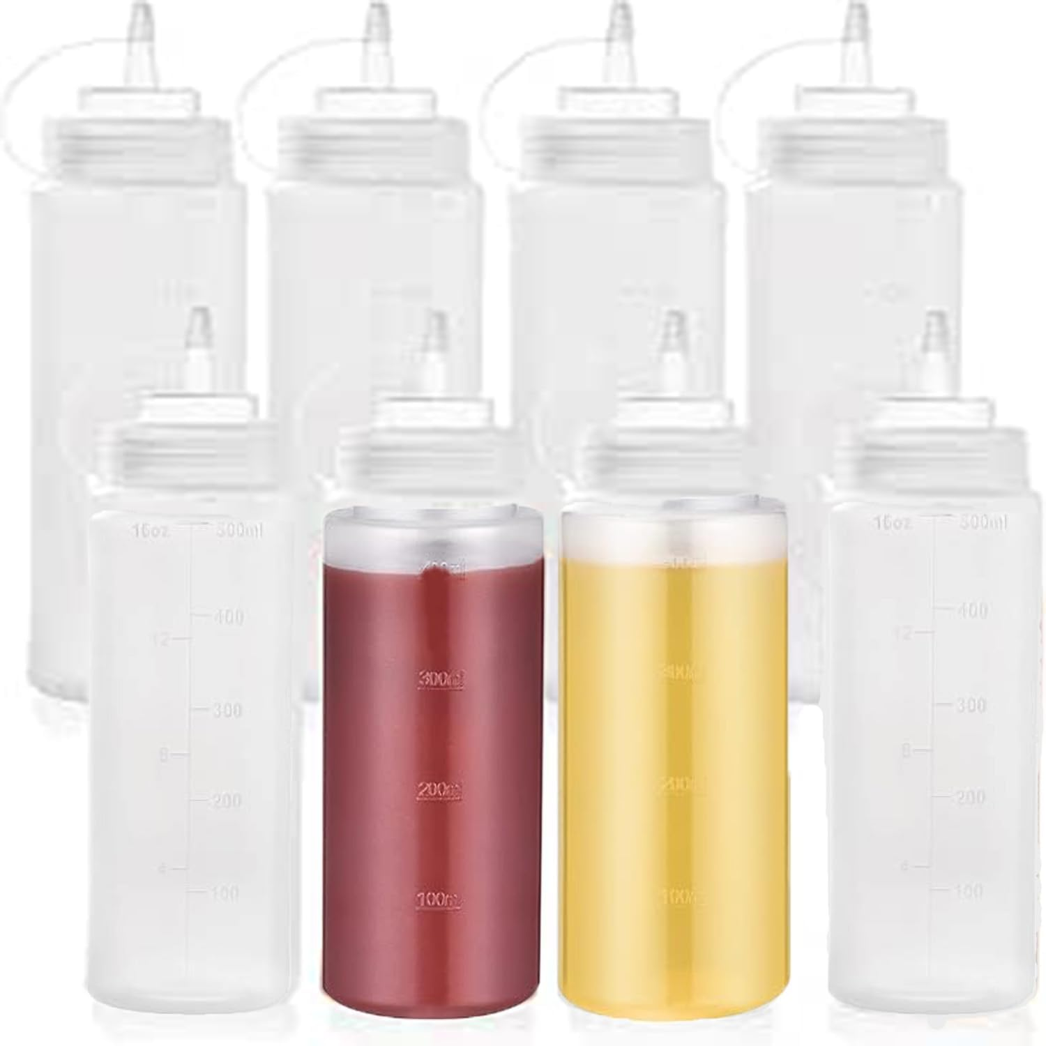 Hysgscwd 8Pcs Condiment Squeeze Bottles, 16Oz Durable Sauce Bottles with Twist on Caps and Measurement, Reusable Plastic Squeeze Squirt Bottle, Leakproof Condiment Dispenser for Ketchup Salad Dressing image number 5