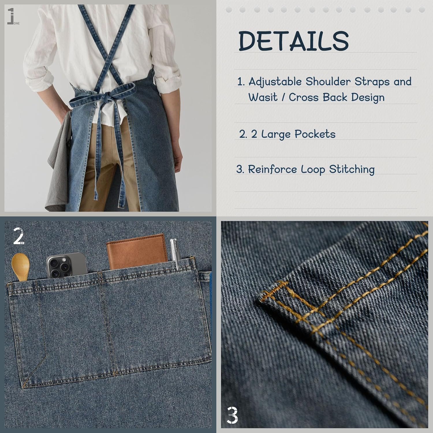 Surblue Cotton Denim Apron with Pockets Adjustable Jean Apron for Man Woman for Kitchen, BBQ, Garden, Workshop image number 2