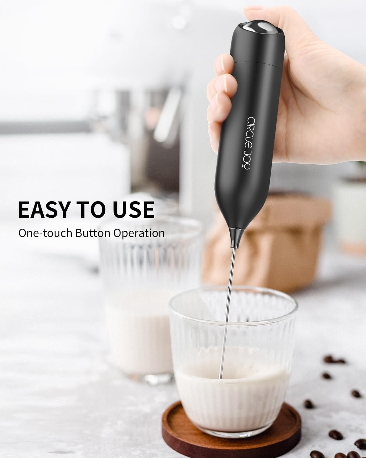 CIRCLE JOY Milk Frother Handheld with Stand Battery Operated Milk Foamer Electric Mini Drink Mixer for Coffee, Cappuccino, Lattes, Frappe, Matcha and Hot Chocolate, Black image number 3