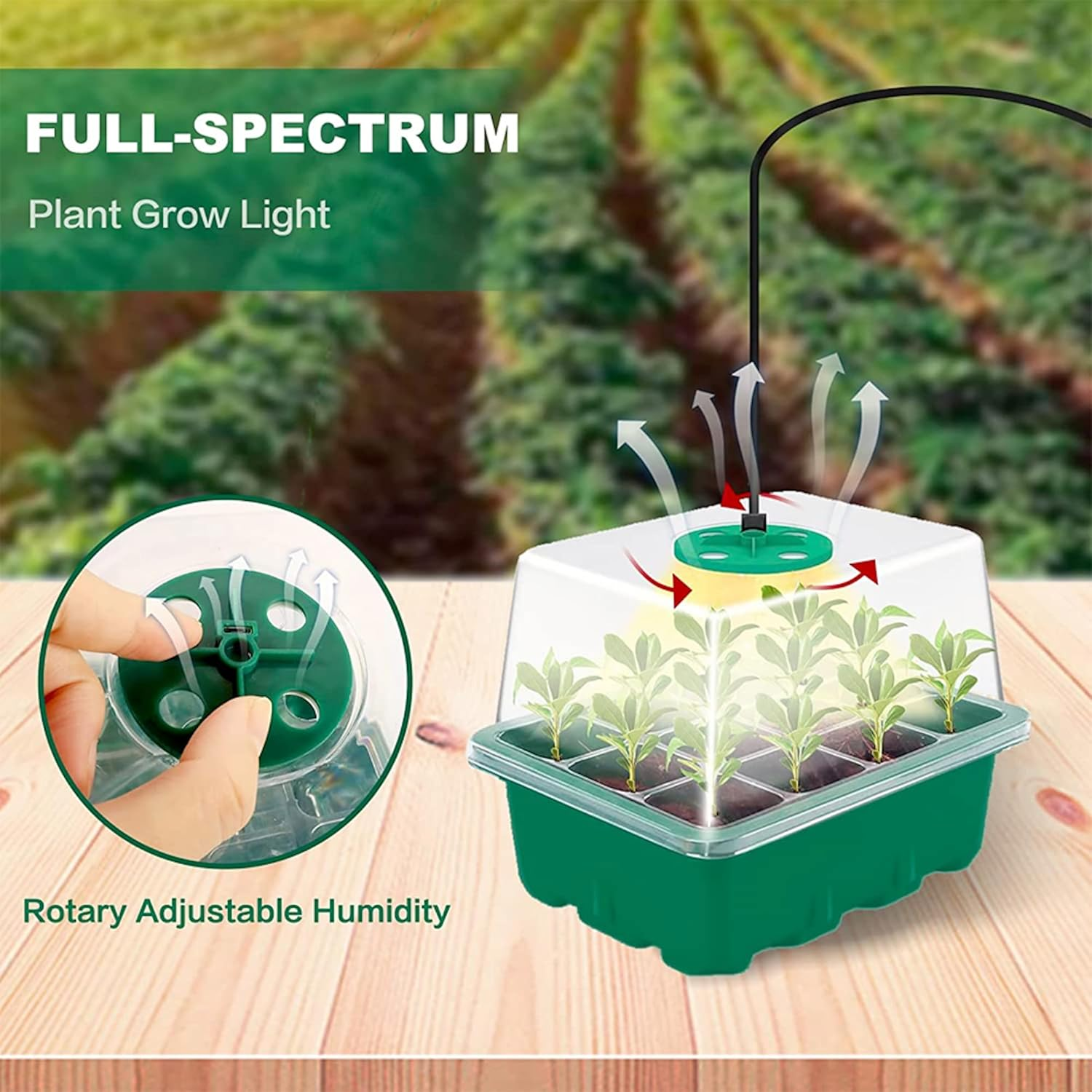 5 Pack Seed Starter Tray with Grow Light Humidity Domes, 60 Cell Trays Germination Station Cloning Kit (Green) - Green image number 4