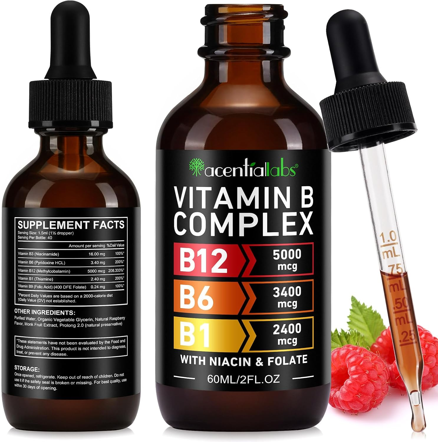 Vitamin B Complex Liquid Drops 60Ml | B12 5000 Mcg, B6 3400 Mcg, B1 2400 Mcg | Plant-Based B-Complex with Niacin & Folic Acid | Fast-Absorbing Sublingual Drops | Natural Raspberry Flavour image number 1