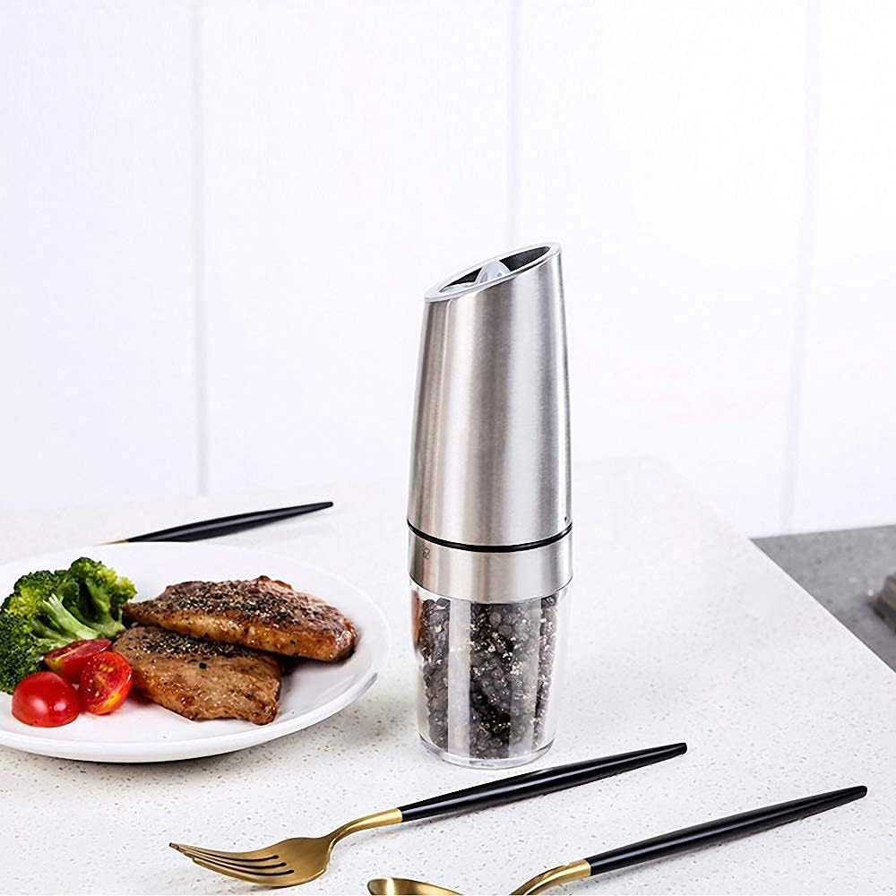 AVNICUD Electric Salt and Pepper Grinder, Automatic Pepper Mill, Gravity Salt Grinder, Battery-Operated with Adjustable Coarseness, LED Light, One Hand Operated (Silver 2Pack) image number 5