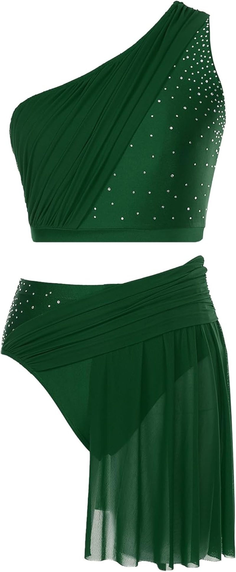 Womens Lyrical Dance Outfit One Shoulder Shiny Rhinestones Crop Top with Mesh Skirted Briefs image number 3