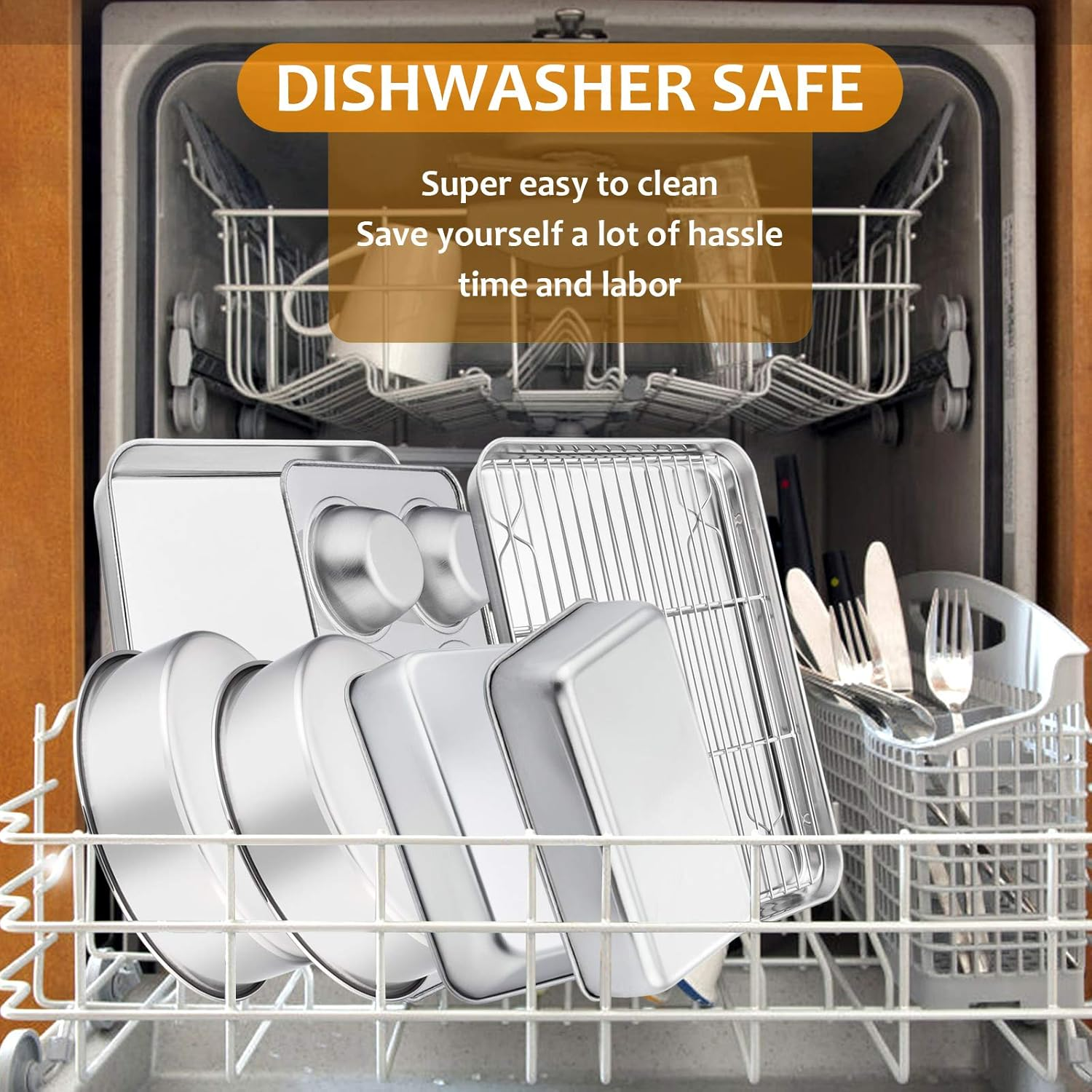 E-Far Stainless Steel Baking Pan Set, 9-Piece Bakeware Sets for Cake Cookie Loaf Muffin, Include Round, Square, Rectangle Baking Sheet Pan with Lid & Cooling Rack, Dishwasher Safe image number 2