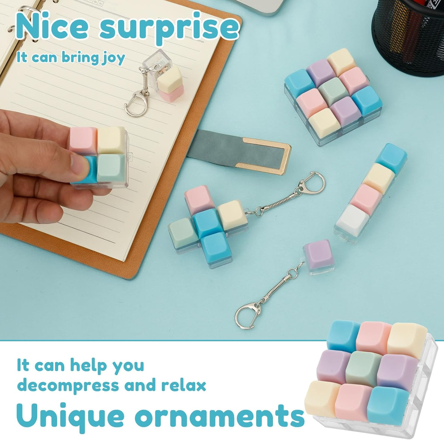 5/6/12Pcs Keyboard Toy Decompression Toys Keyboard Clicker Toy Portable Mechanical Keyboard Keychain Skin Picking Keyboard Toy Funny Cube Key Button for Adults(6 Pcs) image number 3