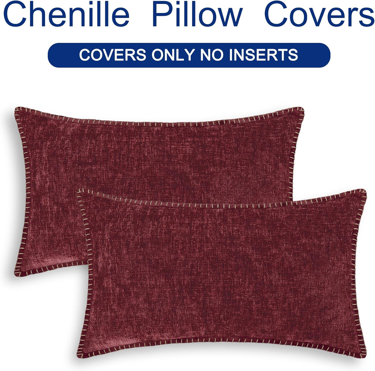 Calitime Christmas Throw Pillow Cases Pack of 2 Cotton Thread Stitching Edges Solid Dyed Soft Chenille Cushion Covers for Couch Sofa Home Farmhouse Decoration 12 X 20 Inches Burgundy image number 5
