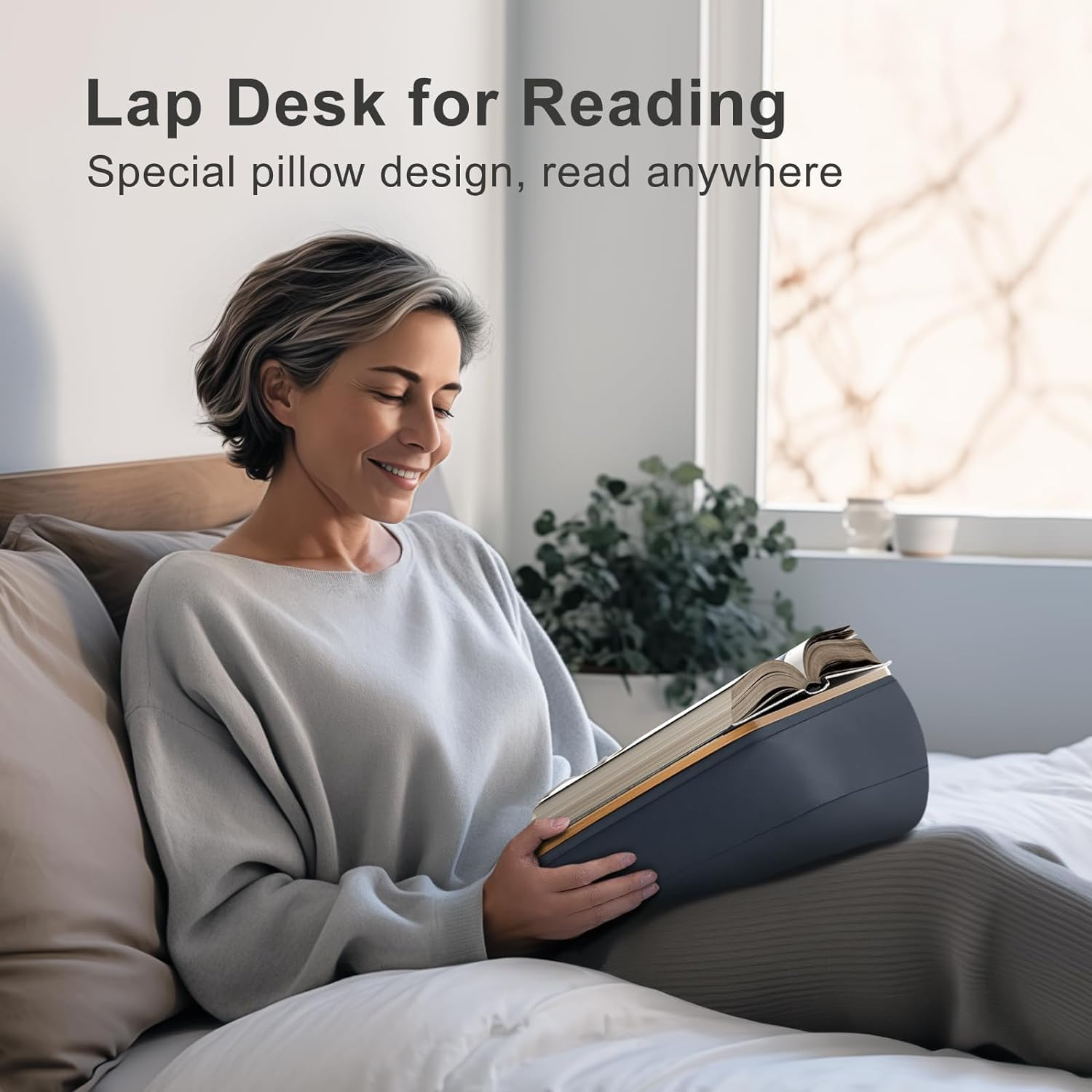 Lap Beanbag Book Stand for Reading, Comfortable Pillow Book Holder for Sofa, Bed, Desk, Hands-Free, Minimize Neck Strain, Gift for Book Lovers, Compatible with Laptop and Tablet (Gray) image number 5