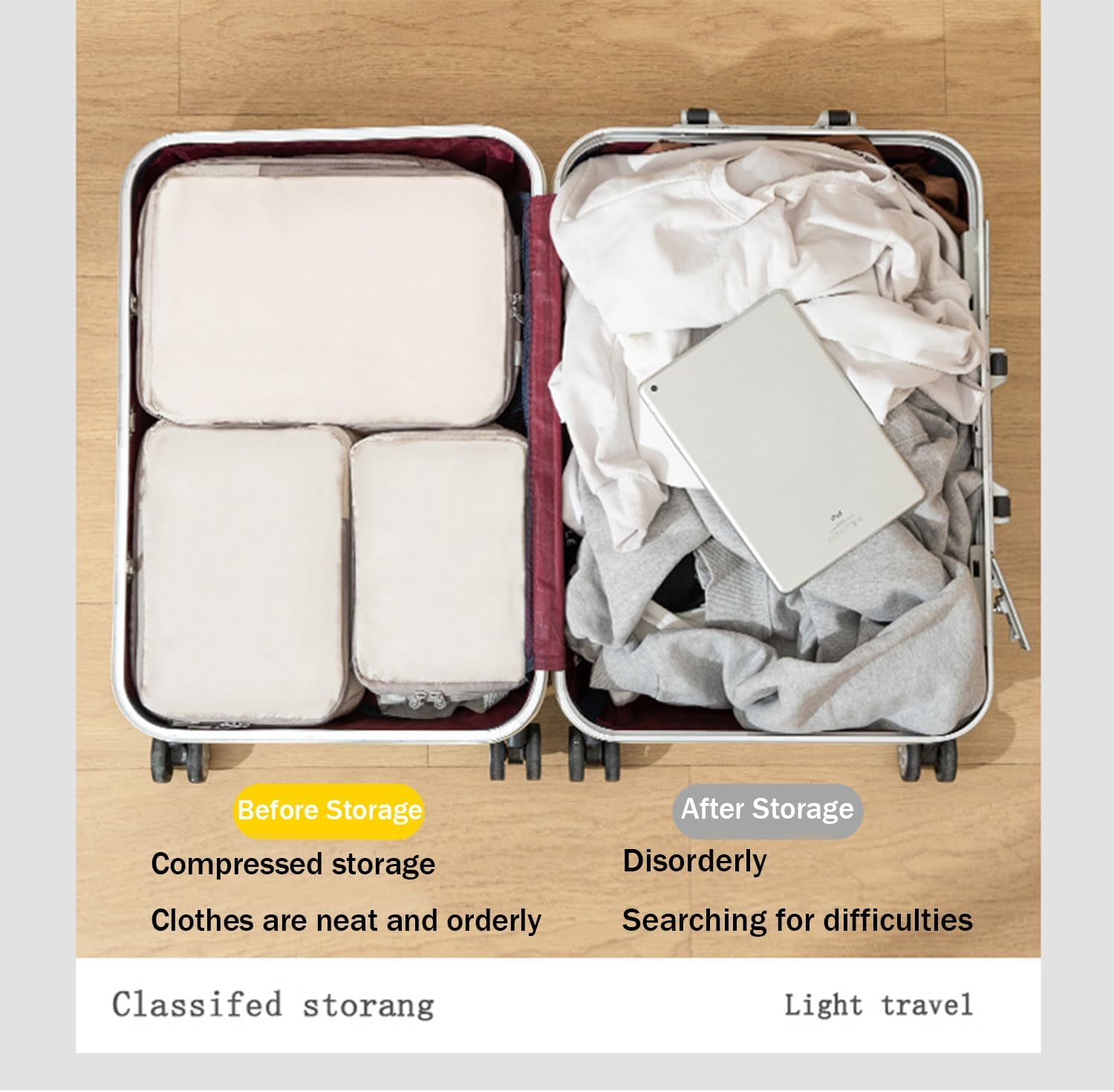 Compression Packing Cubes, 4Pcs Expandable Storage Travel Luggage Bags Organizers (Grey) - Black image number 5