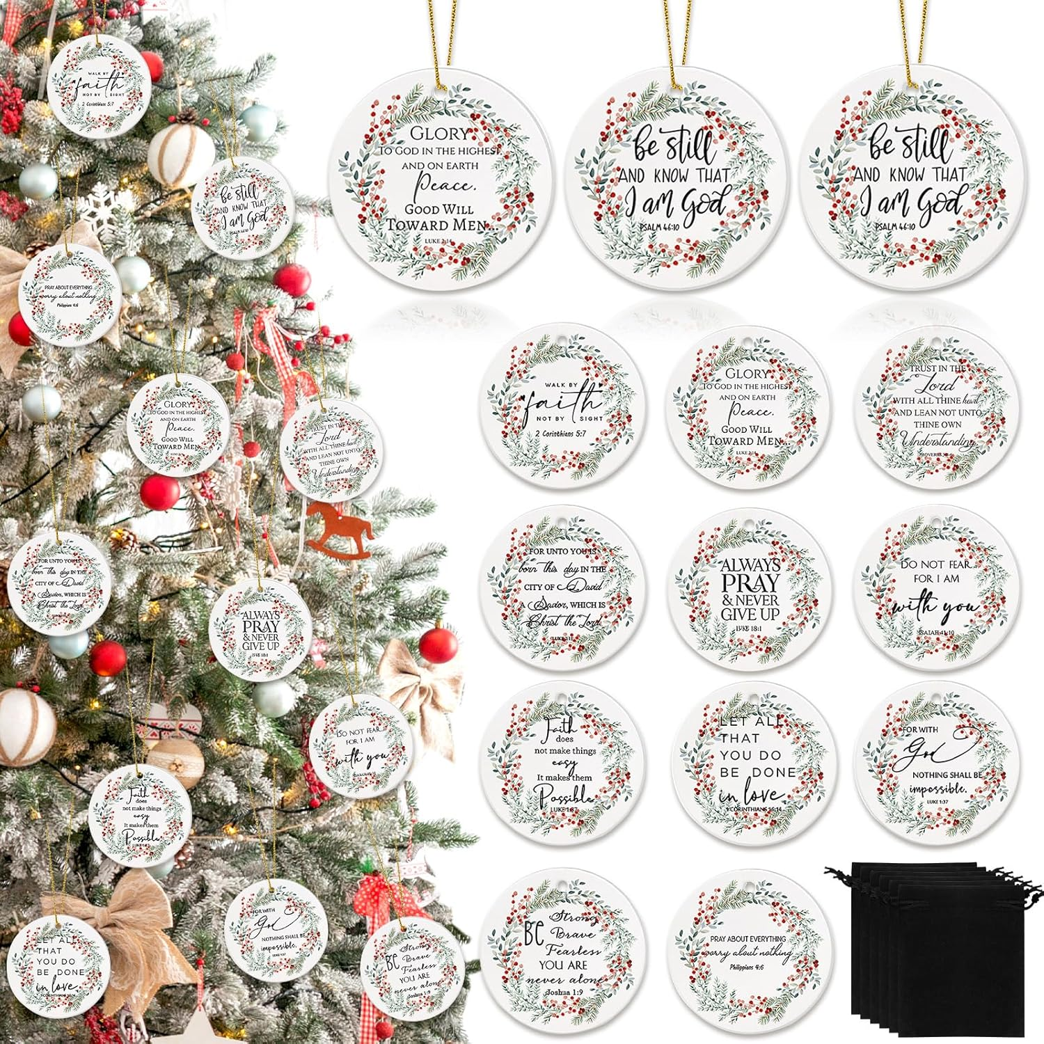 Sieral Bible Verse Christian round Flat Ceramic Ornament Wreath Pattern Inspirational Quotes Ornaments for Mom Women Teacher Gift Bedroom Hanging Religious Christmas Decor (24 Pcs) image number 4