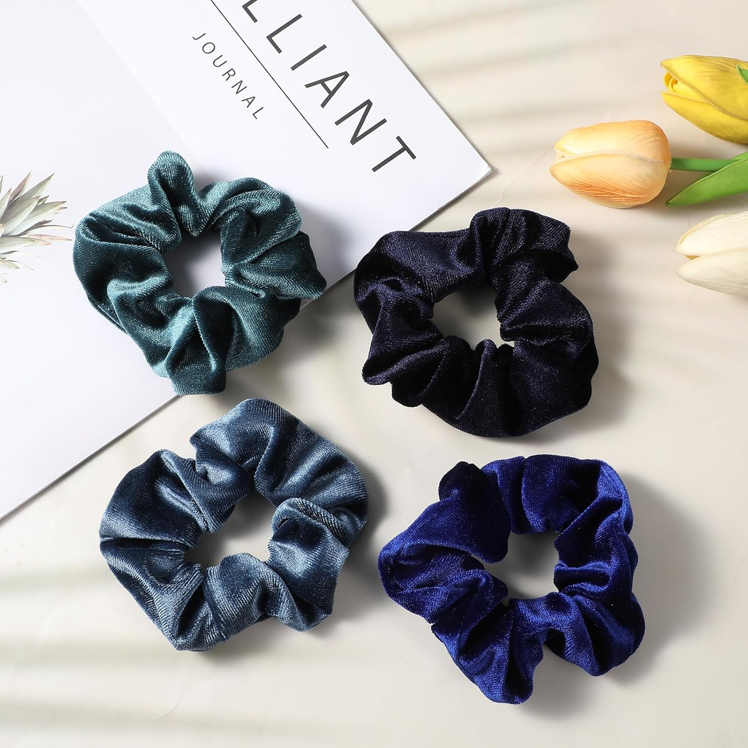 Hair Bobbles for Women, Pack of 4 Scrunchies, Velvet, Soft Elastic Hair Bands, Fashionable Braid Elastics, Ponytail Holder, Hair Accessories for Teenagers, Women, Carnival (Dark Colours) image number 4