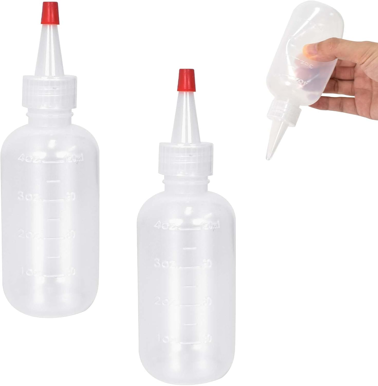 Pack of 2 Applicator Bottles with Tip, 120 Ml / 4 Oz Squeeze Bottle Transparent with Graduated, Plastic Hair Dye Bottles, Plastic Squeeze Bottle for Glue, Crafts, Salon Hair Care (120 Ml) image number 4