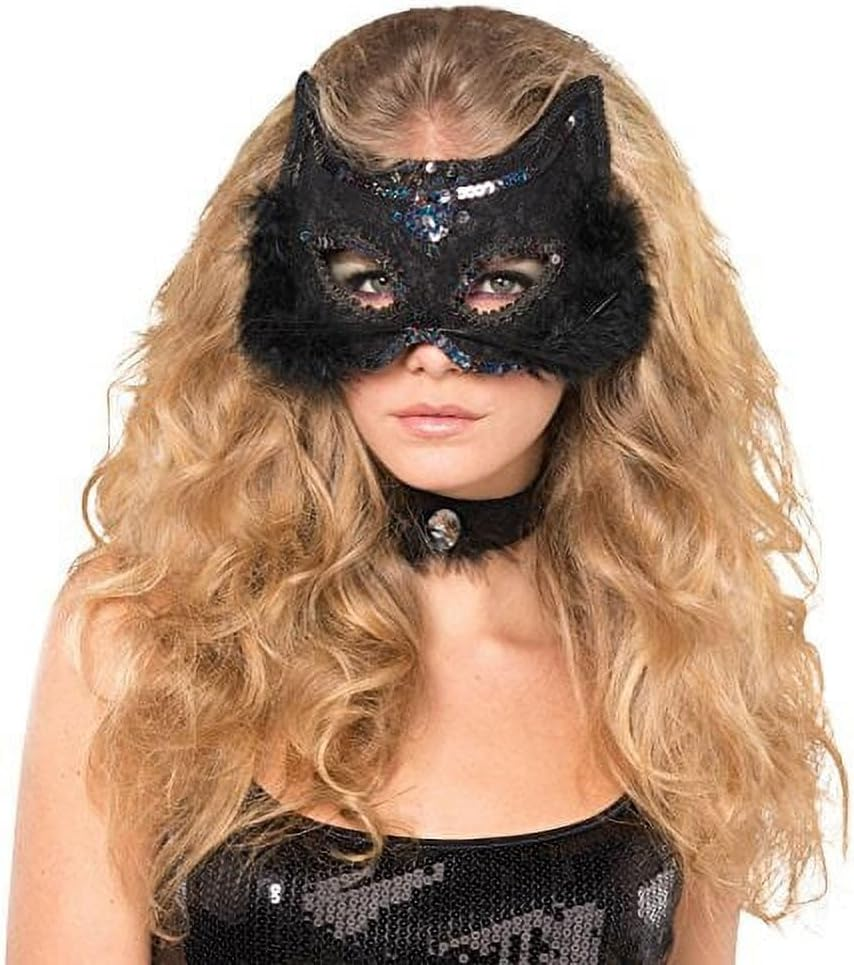Amscan Fancy Cat Marabou Feathered Mask, Black