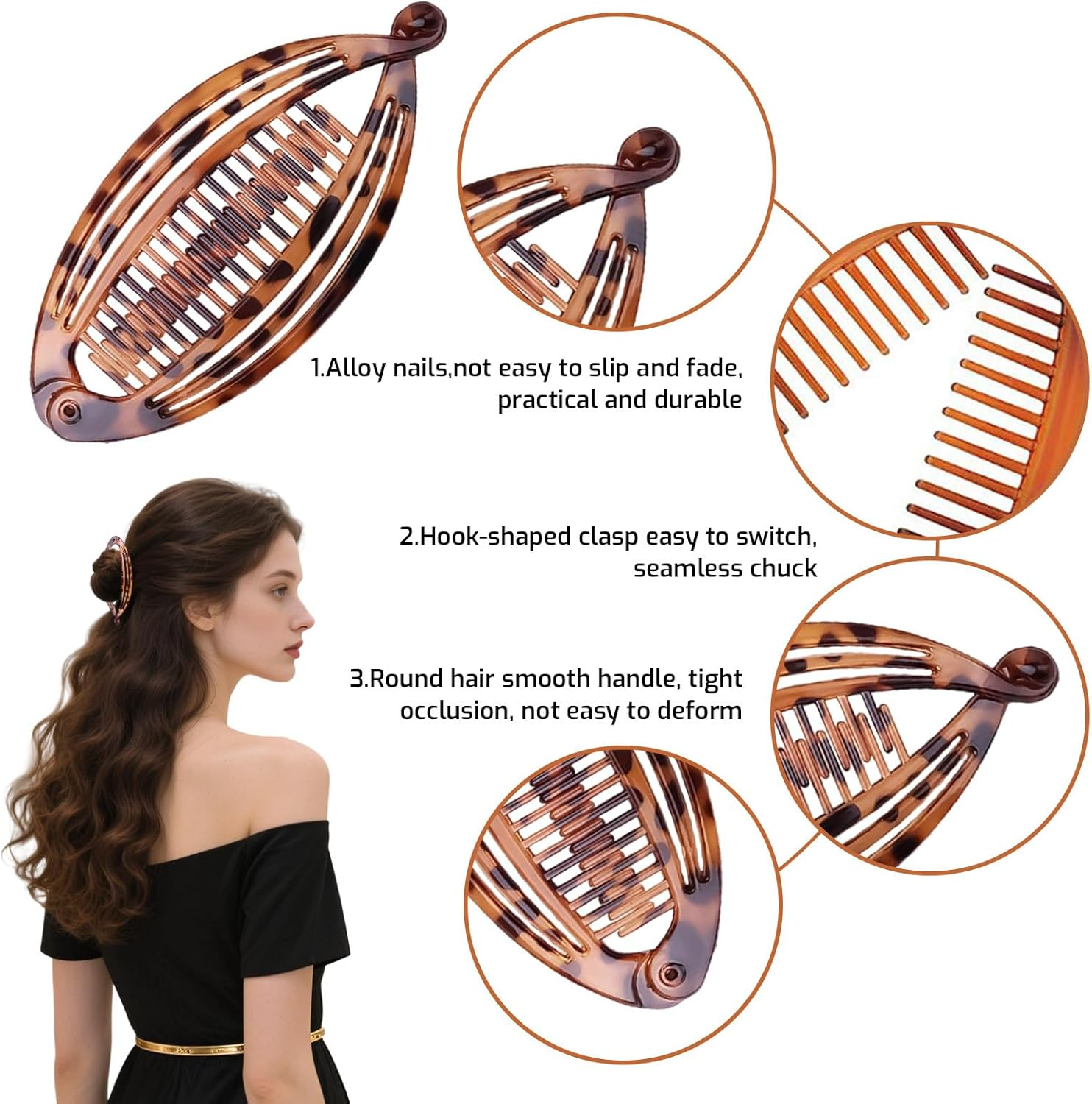 Azureray Set of 3 Banana Clips for Thin & Thick Hair, Stylish Hair Clips with Leaf Design, Strong Hold, Banana Hair Clip for Women, Everyday and Special Occasions image number 4