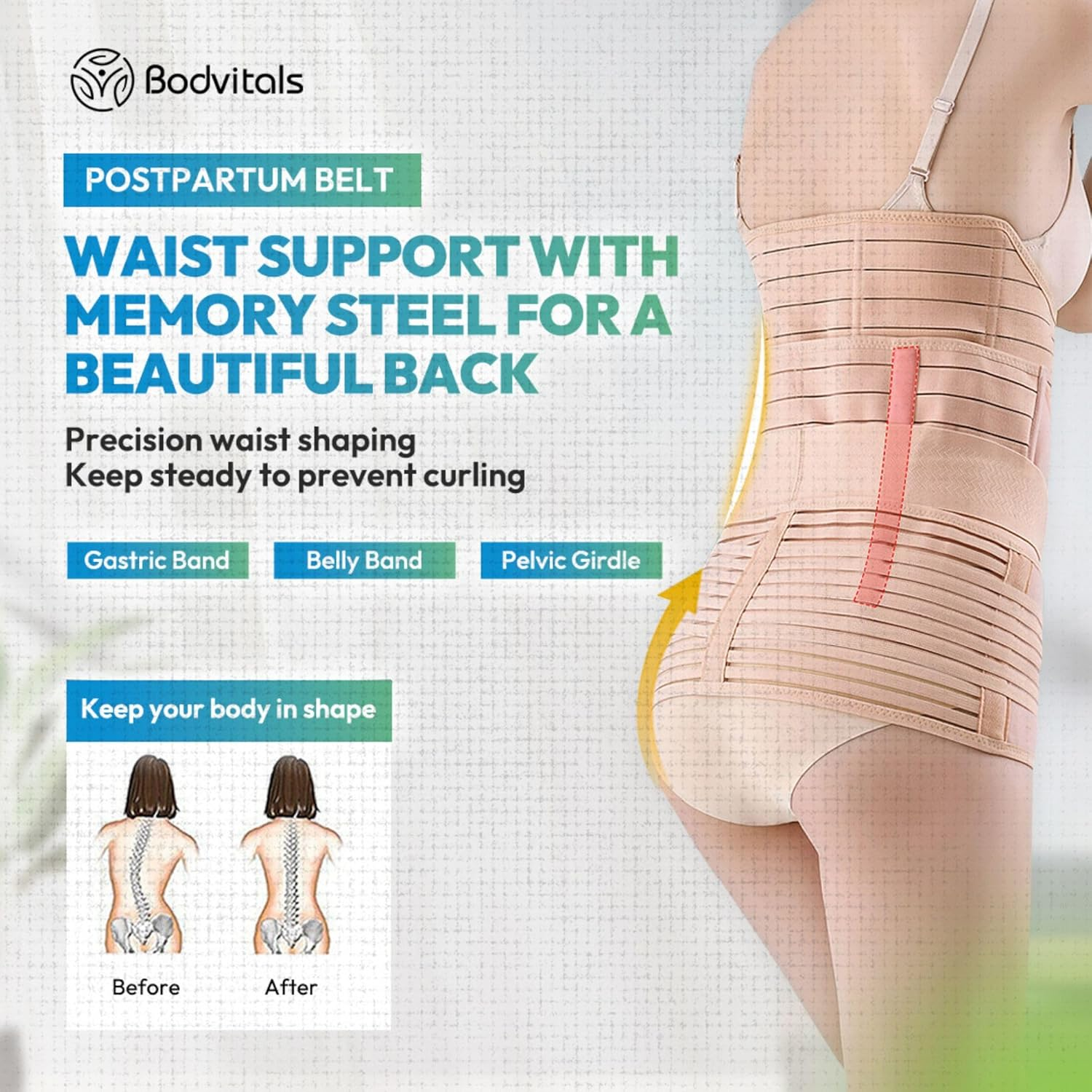 BODVITALS 3-In-1 Postpartum Belt | after Delivery Belly/Waist/Pelvis Shapewear | Tummy Control Slimming Girdle | Body Shaper Belt for Postnatal Recovery, C-Section, and Pelvic Support (Beige, L) image number 3