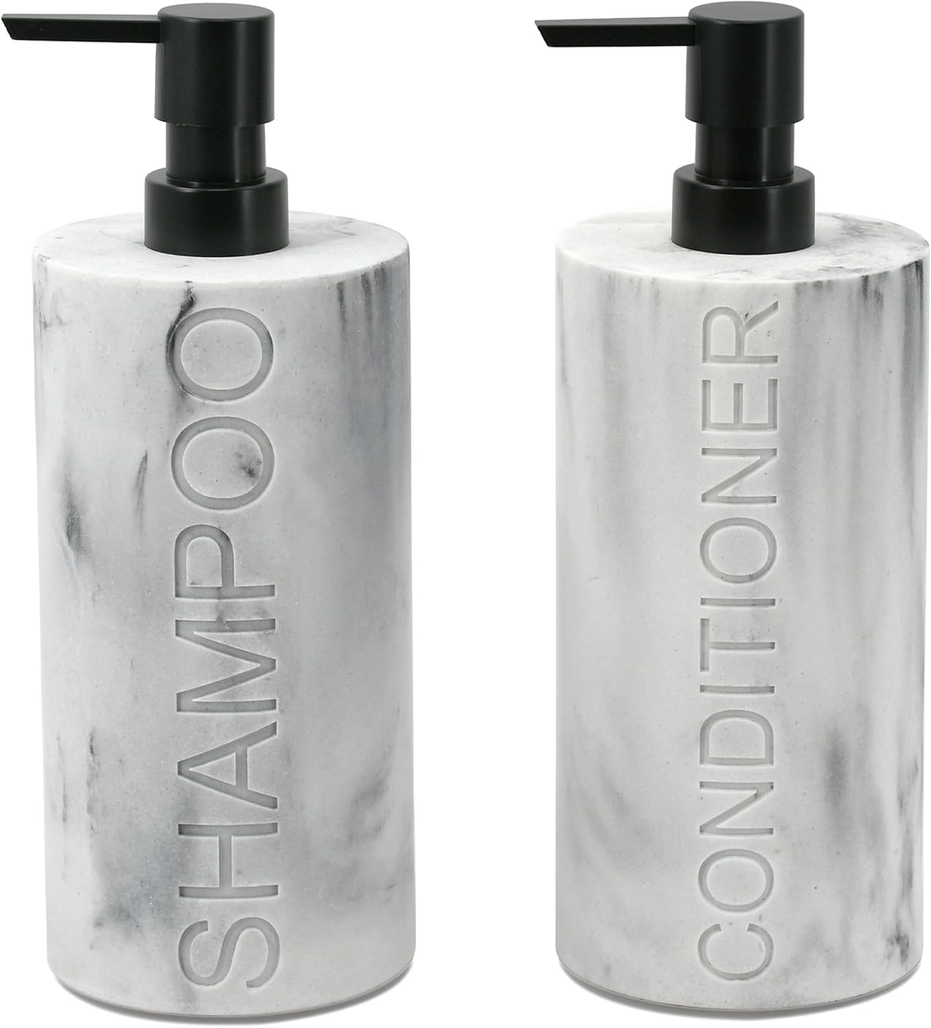 Indecor Home Marble Resin 2 Piece Shampoo and Conditioner Dispenser Set, Luxurious Refillable Pump Bottles with Matte Pump Top and Embossed Text, Durable Design for Bathroom and Shower image number 6