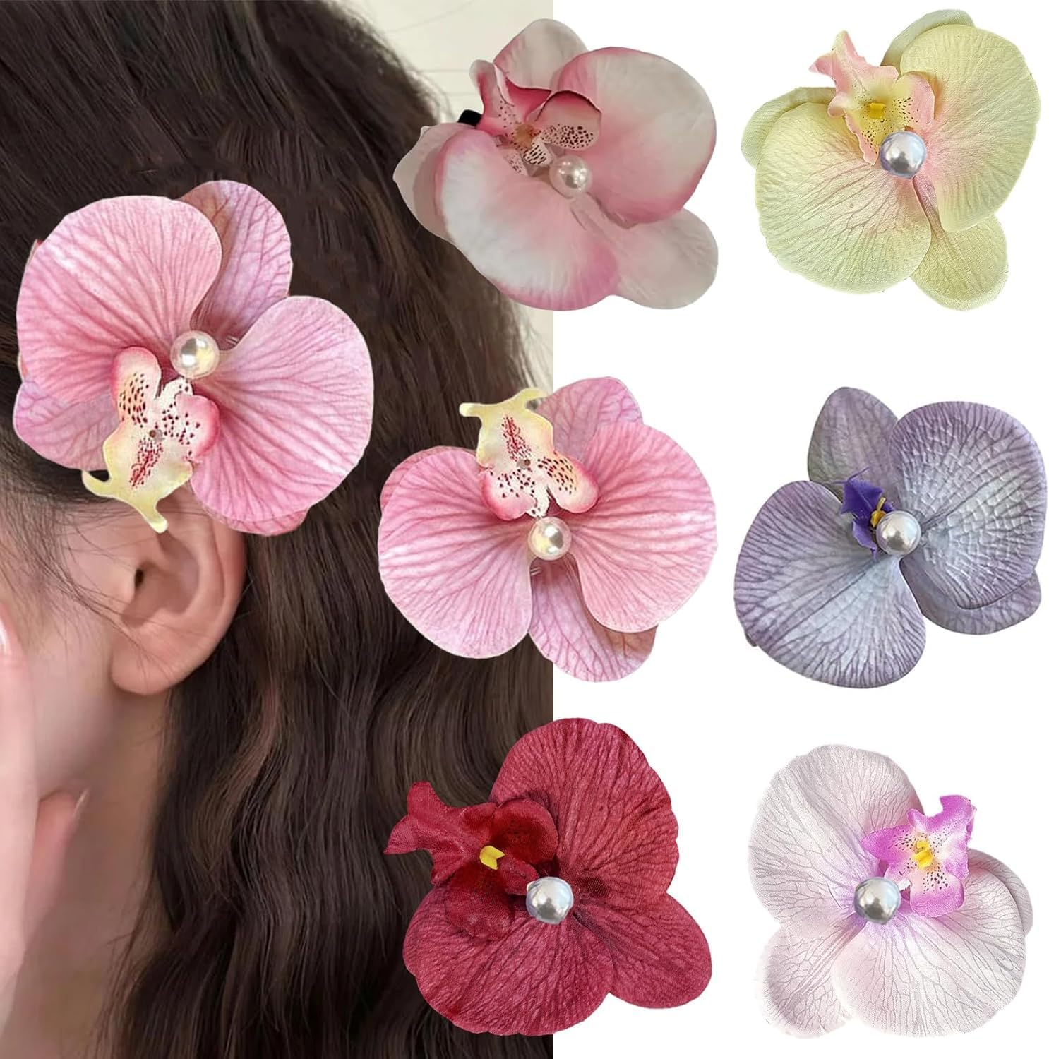 Bohemian Butterfly Orchid Hairpin, 6Pcs Big Chiffon Orchid Flower Hairpins,Tropical Flower Hair Clips, Phalaenopsis Hawaiian Orchid Artificial Large Bohemian Tropical Flower Hair Pins for Girls image number 6