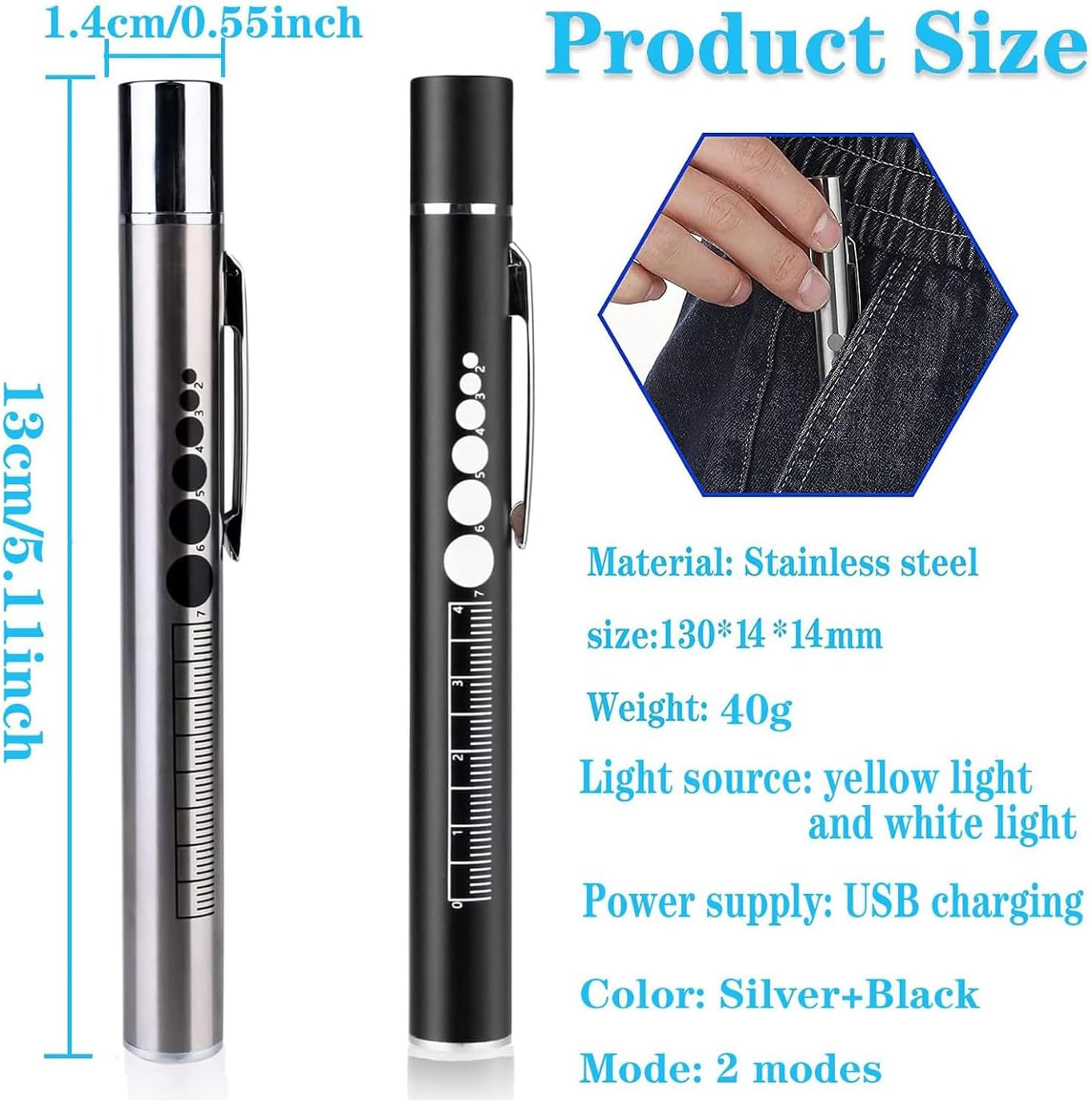 YUENTOEN Pen Light, USB Rechargeable LED Flashlight with Pupil Gauge Stainless Steel Clip Dual Light Source for Home and Outdoor(Silver+Black) image number 2