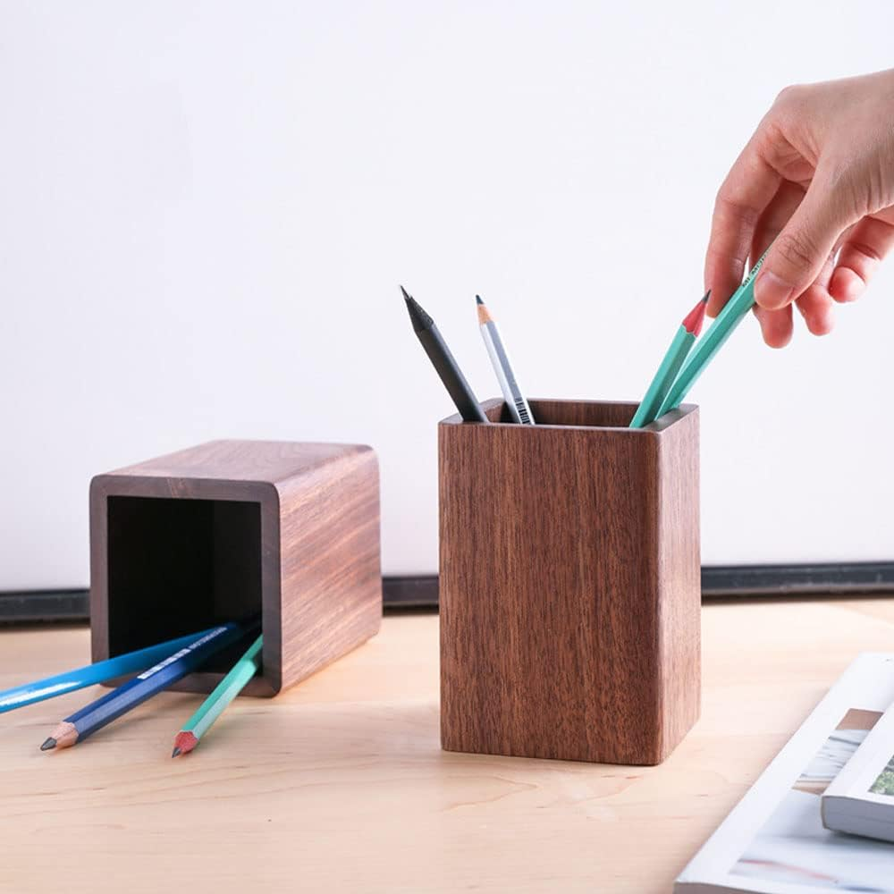 Kaizuca Wooden Pen Holder, Square Pen Holder, Desk Organiser, Black Walnut Wood, Handmade, for Stationery, Make up Brushes, Desks, Offices (Brown) image number 1