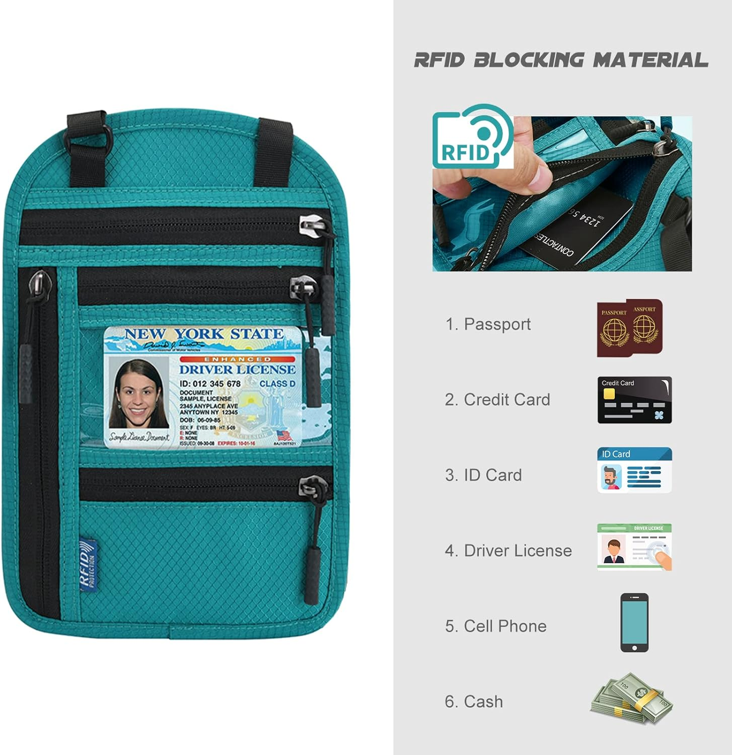 Surblue RFID Blocking Neck Wallet Travel Passport Holder Neck Pouch Vaccination Card Holder for Women and Men, Blue - Black image number 3