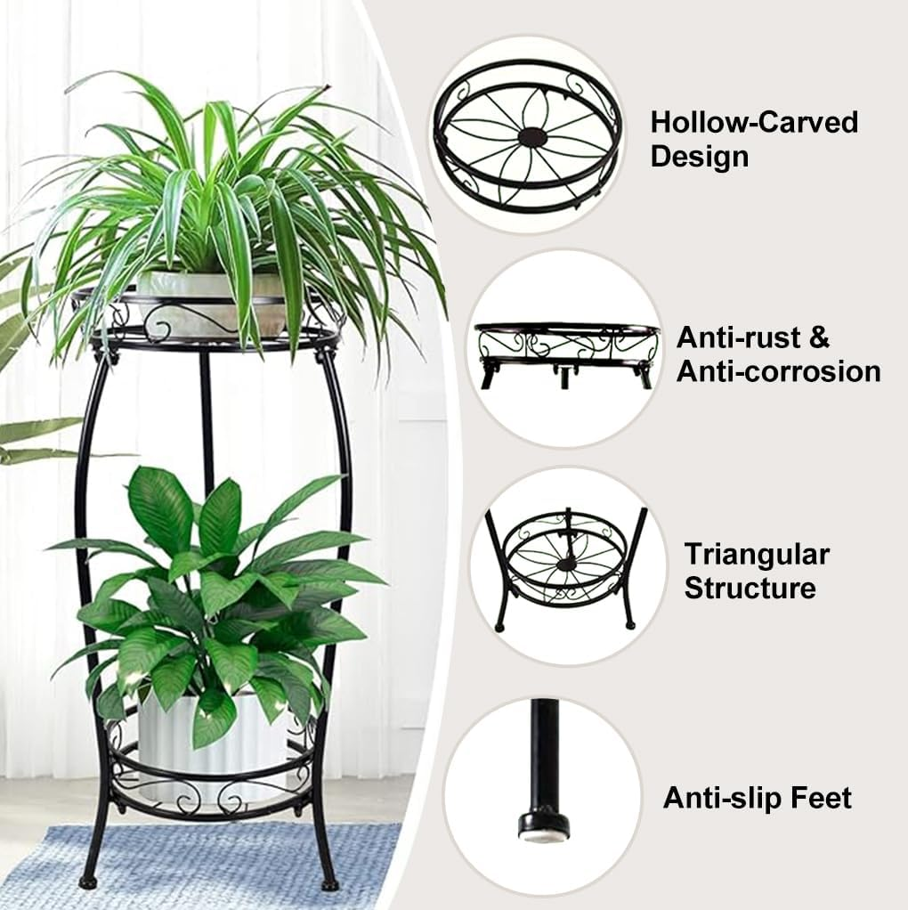 Delsol Metal Plant Stand Indoor Outdoor, 2 Tier 70Cm Tall Plant Stands, Flower Potted Stand, Heavy Duty round Corner Planter Holder, Rustproof Supports Rack outside (Black) image number 6