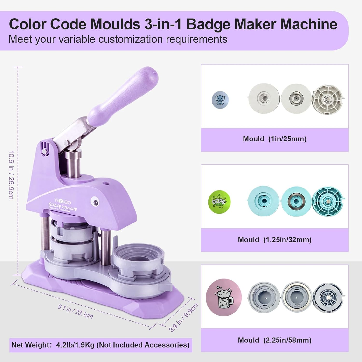 Button Maker Machine Multiple Sizes, 25+32+58Mm Installation-Free Pin Maker Machine, Ideal Badge Maker for Kids DIY with Free 300 Sets Button Making Supplies Badge Making Machine(Purple) image number 3