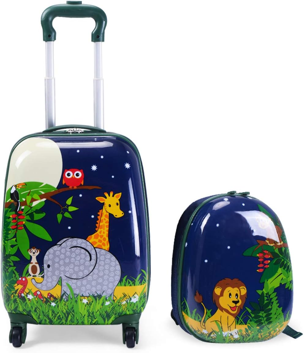 2PCS Kids Luggage Set Carry on with Spinner Wheels & Cute Elephant and Lion Pattern, Adjustable Trolley Rod Height & Backpack Shoulder Strap, Kids Luggage Set Made of ABS, Polycarbonate & Nylon Material image number 6