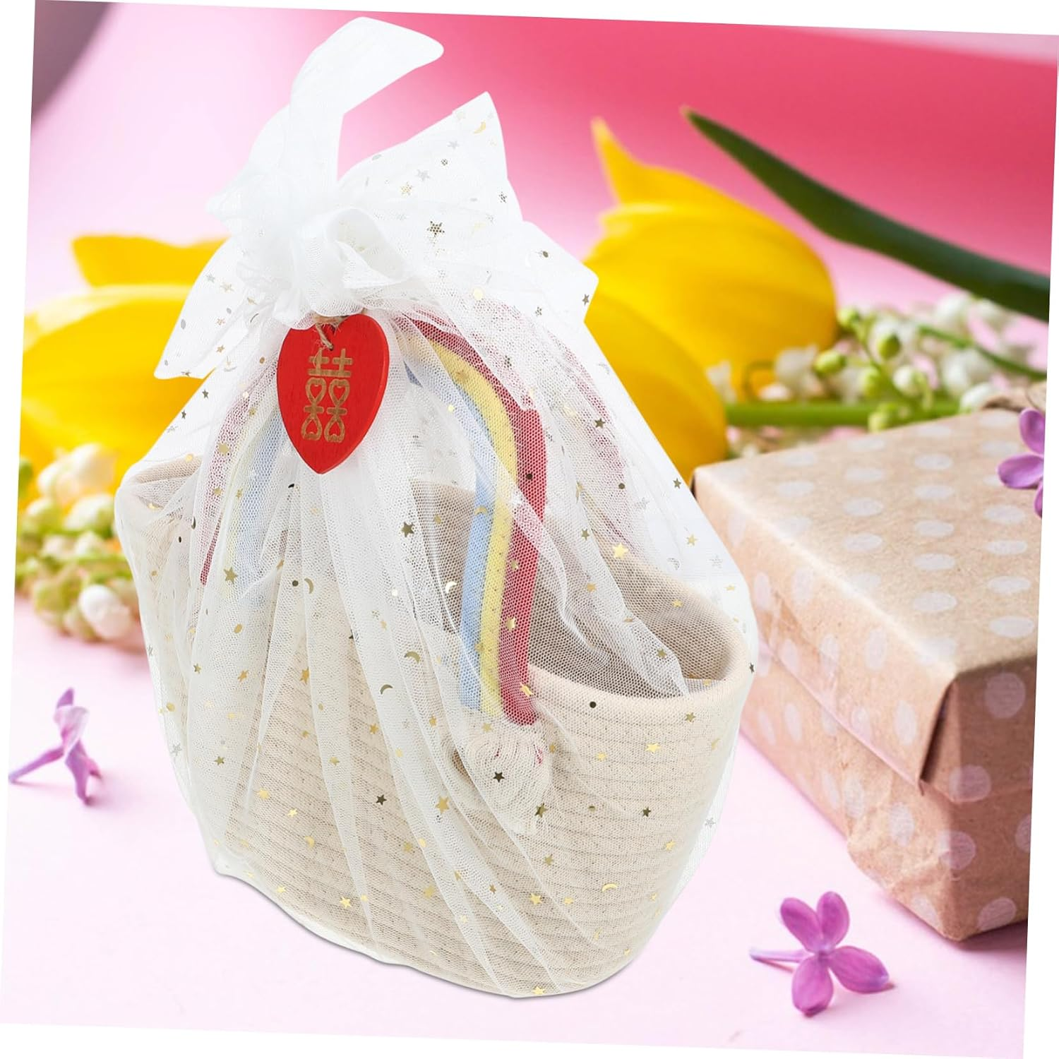 SHOWERORO Rainbow Cloud Woven Handbag Cotton Storage Basket for Snacks Beach Vacations Lightweight Practical Design with Vibrant Handles for Valentine Day Present Baskets image number 6
