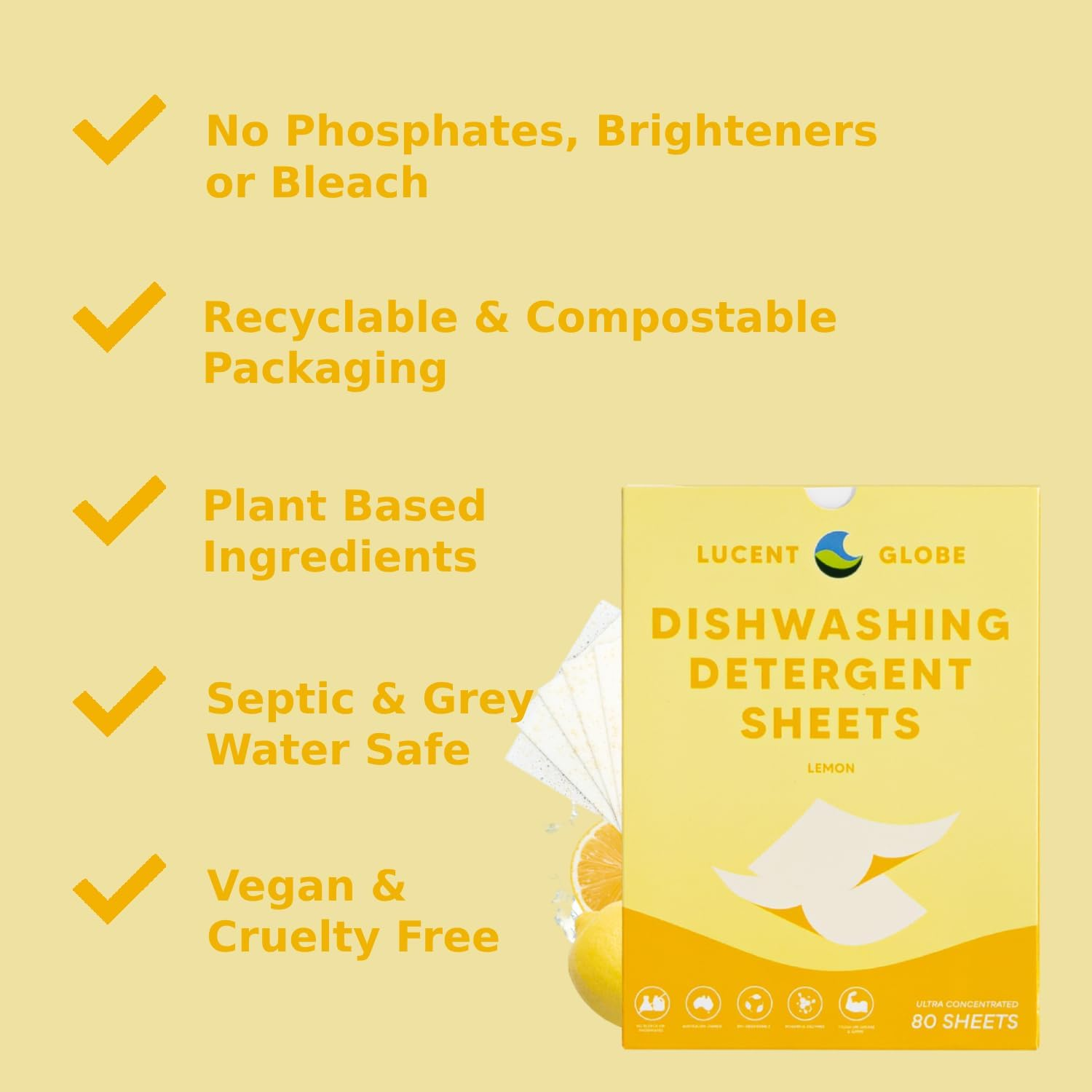 Lucent Globe Dishwasher Dishwashing Detergent Sheets, 160 Washes, Dishwashing Tablets Alternative. Plant-Based, Eco-Friendly, Fully Biodegradable, Plastic Free Packaging (Pack of 160, Lemon) image number 6