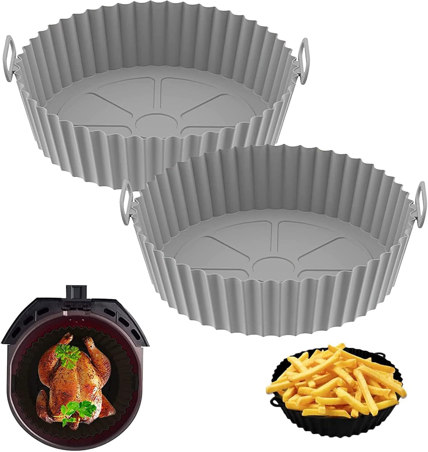 2Pcs Air Fryer Silicone Pot, Reusable Air Fryer Liners, Air Fryer Basket, Kitchen Accessories Replacement for Disposable Parchment Paper Liner, Compatible with Ninja, Tower, COSORI (Grey)
