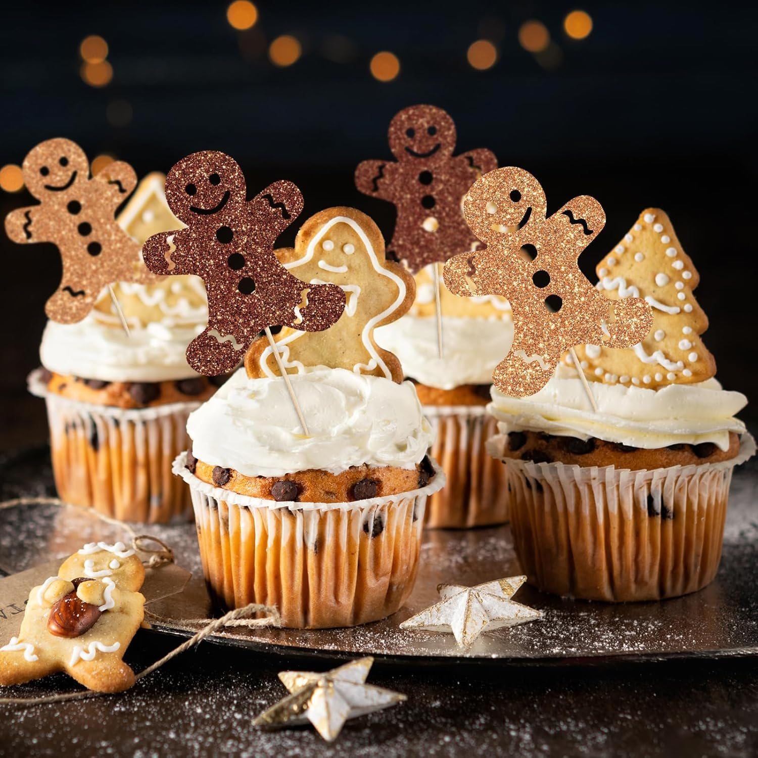 Whaline 48Pcs Christmas Cupcake Topper Glitter Brown Gingerbread Man Cupcake Picks Holiday Food Picks for Xmas Winter Cake Decoration image number 1