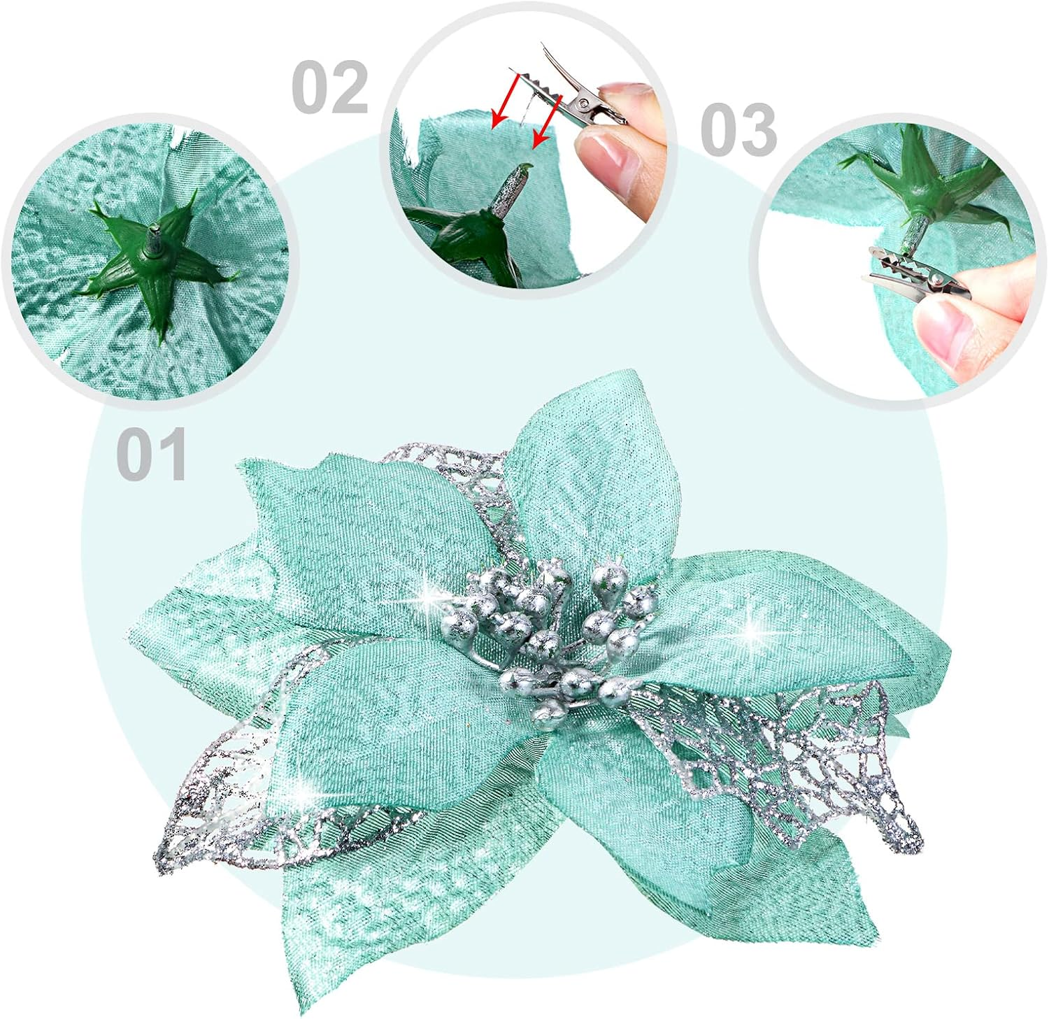 WILLBOND 36 Pieces Christmas Poinsettia Glitter Faux Flowers Christmas Artificial Flowers Tree Ornaments Topper Xmas Decorations(Blue-Green) image number 5
