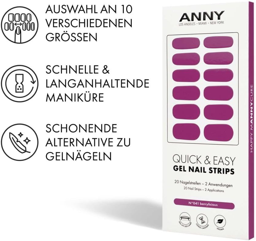 ANNY Gel Nail Strips - UV Nail Wraps for Sticking with UV Lamp, Durable & Splinter Free, Easy to Use, Berry Purple - No. 41
