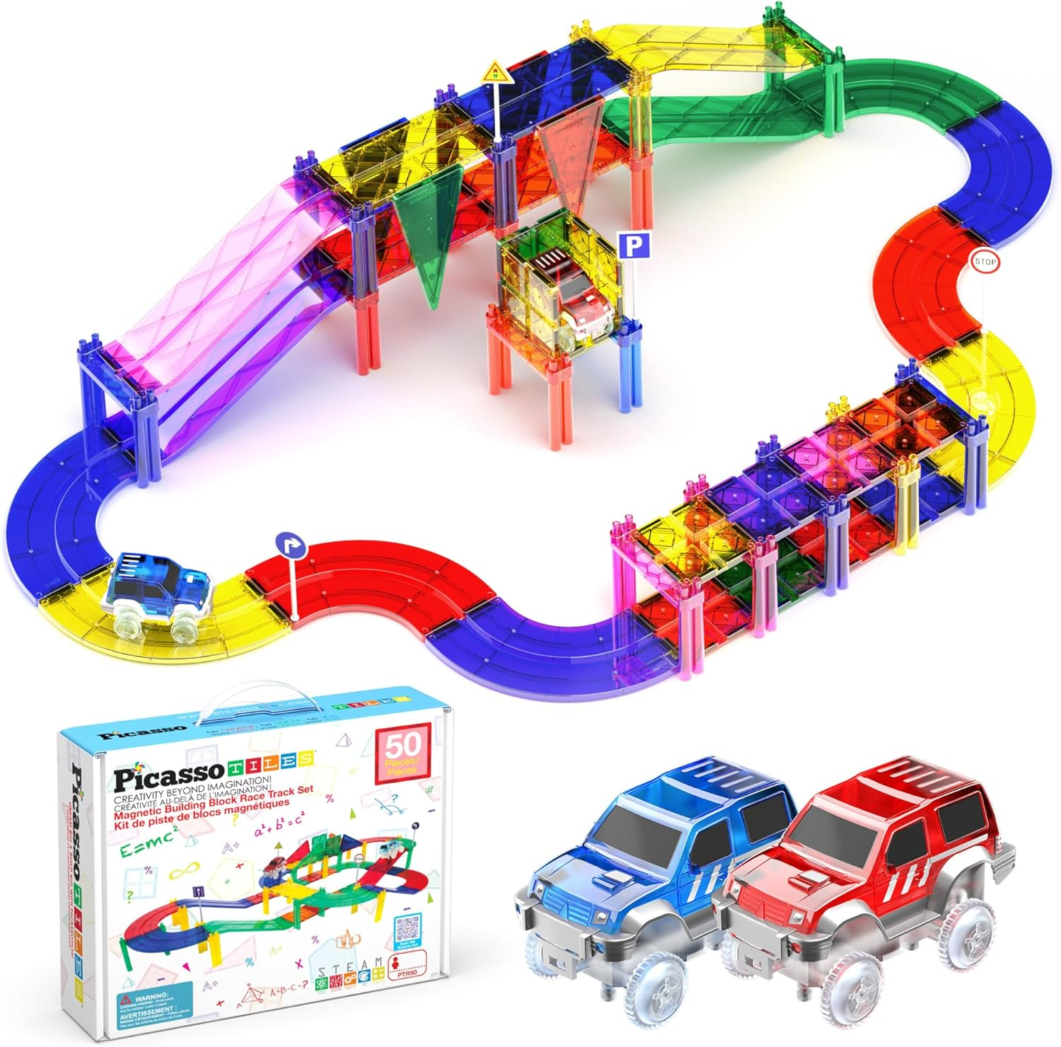 Picassotiles 50 Piece Race Car Track Building Block Educational Toy Set Magnetic Tiles Magnet DIY Playset 2 Light up Car STEM Learning Construction Kit Hand-Eye Coordination Fine Motor Skill Training image number 3