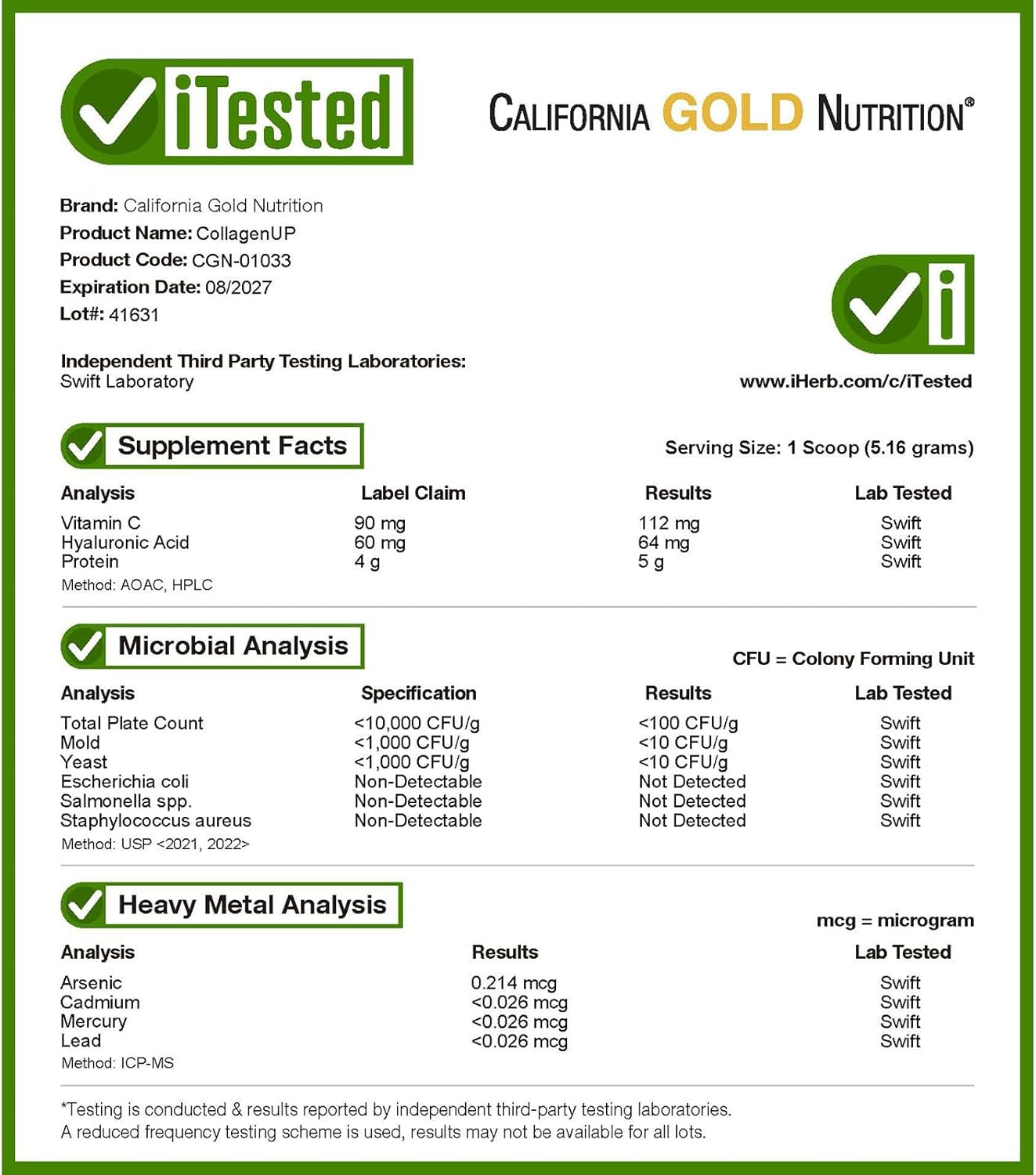 California Gold Nutrition Collagenup&reg;, Hydrolyzed Marine Collagen Peptides with Hyaluronic Acid and Vitamin C, Unflavored, 7.26 Oz (206 G) image number 5