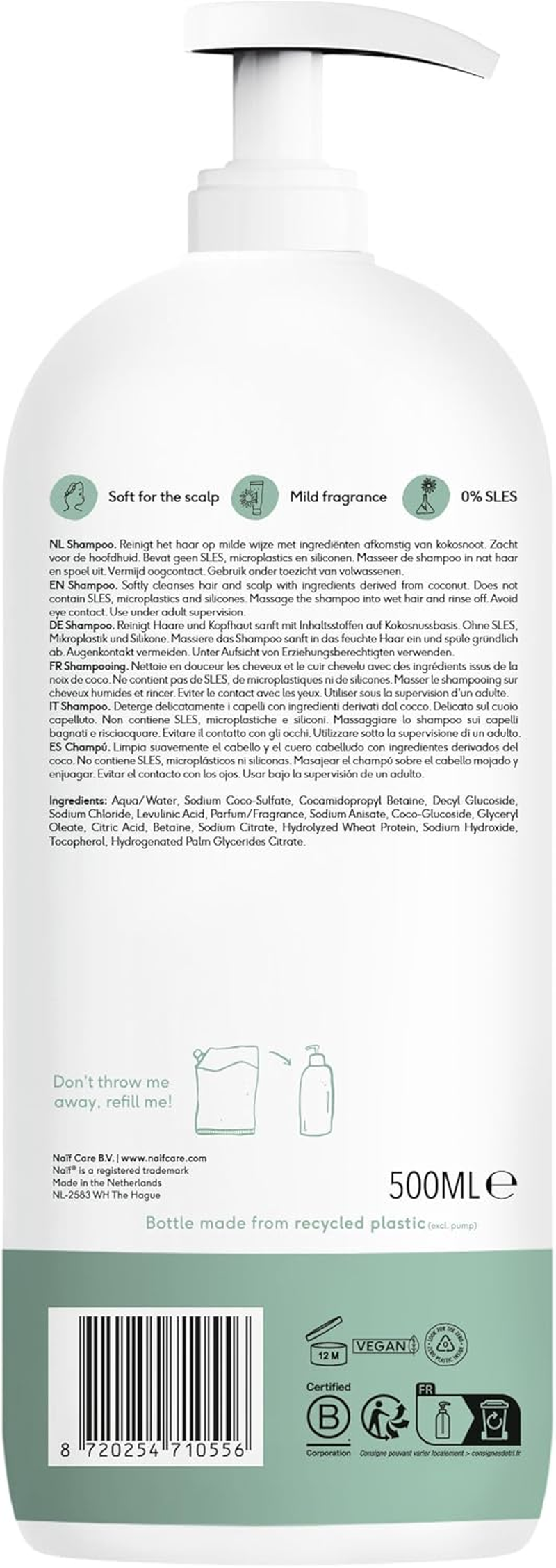 Na&iuml;f, Nourishing Shampoo for Baby and Child, Cleans Hair and Sensitive Scalp, Free from SLS/SLES and Silicone, Natural Shampoo with Coconut & Cotton Seed Oil, 100% Vegan, 500 Ml image number 4