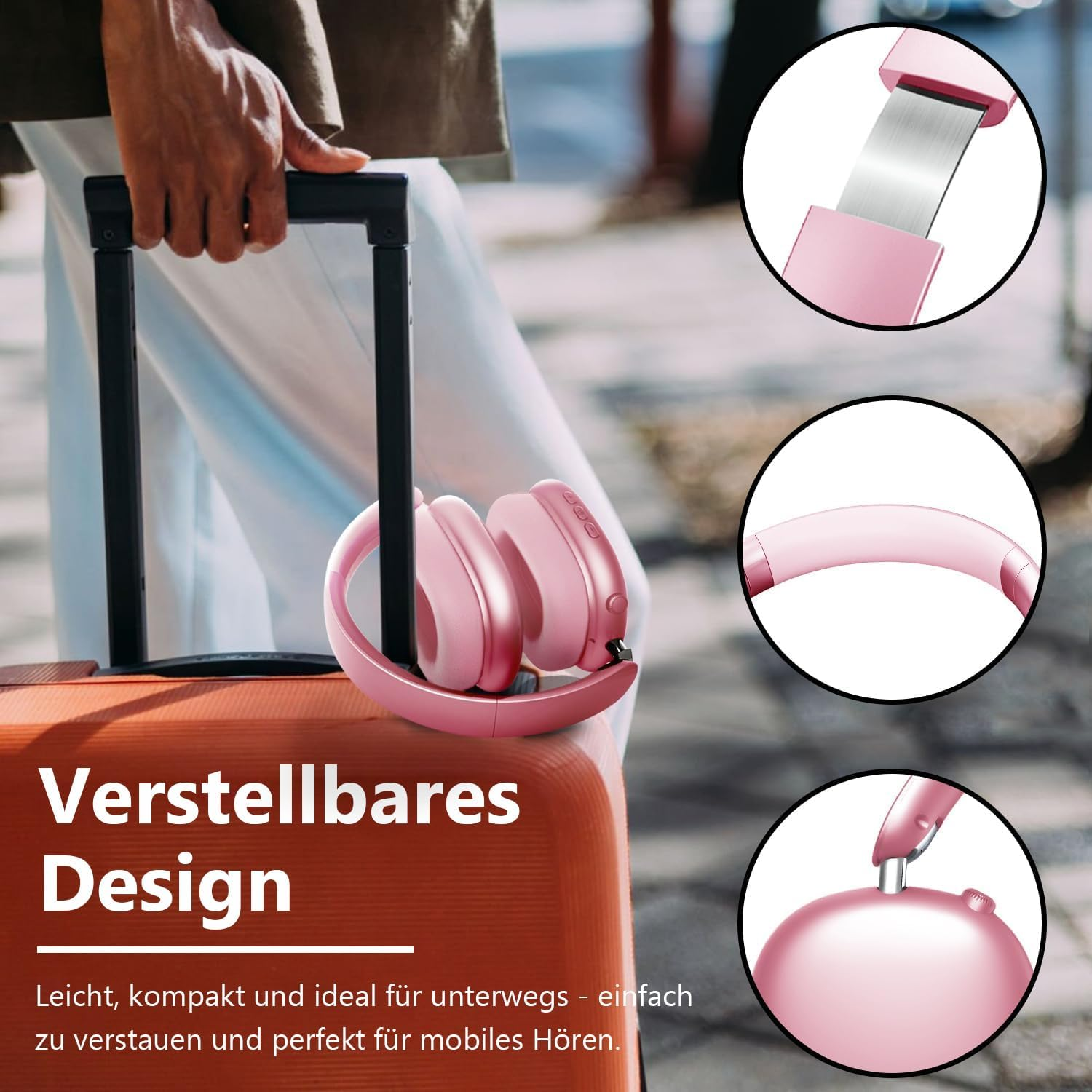 Wentronic Y01 Noise Cancelling Headphones, Wireless Over-Ear Headphones, Bluetooth 5.3, Hi-Res Sound, 48H Playback, Foldable with Microphone for Ios/Android/Pc - Rose image number 5