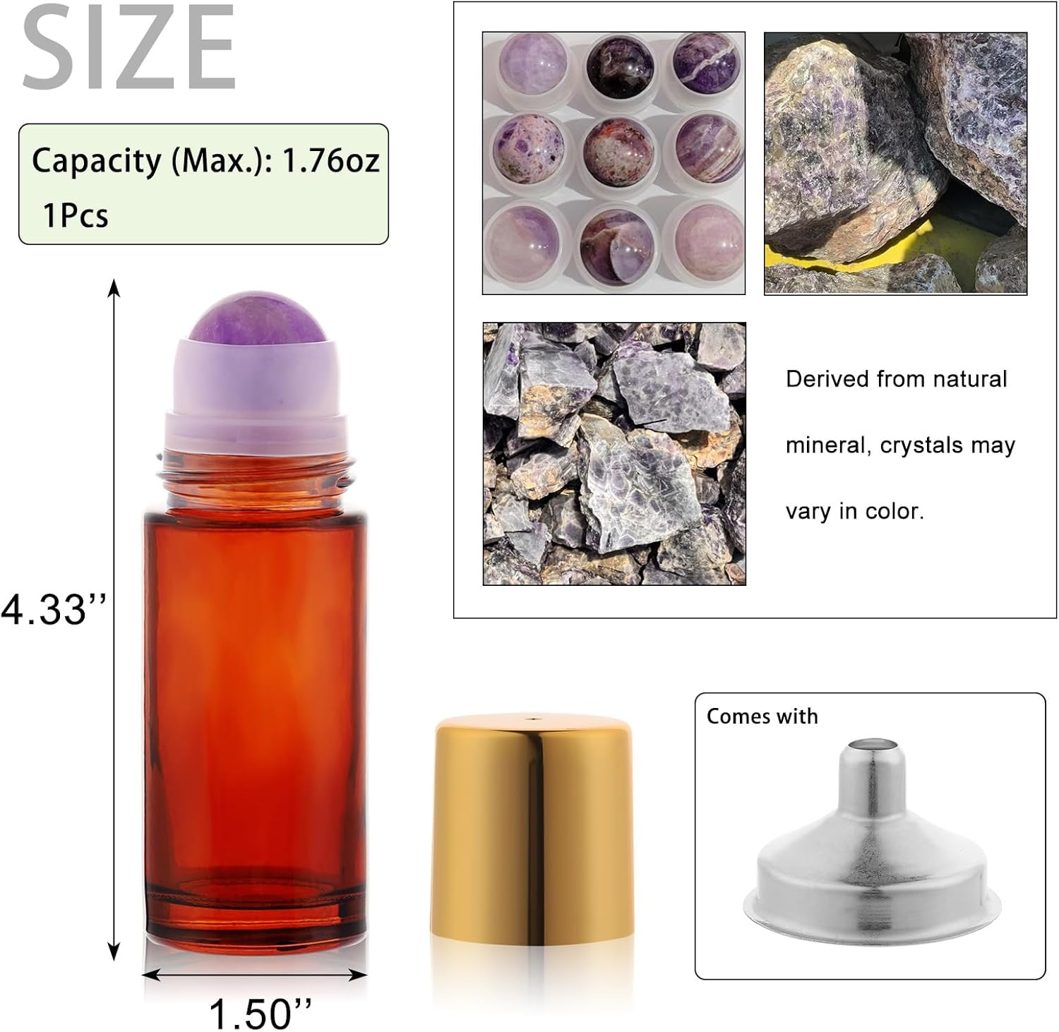 RAMFIYN 2 Pack Large Amber Glass Roll on Bottles for Essential Oils Perfume Refillable Roller Ball Applicator Empty Deodorant Containers with Purple Crystal Rollerball - Green image number 3